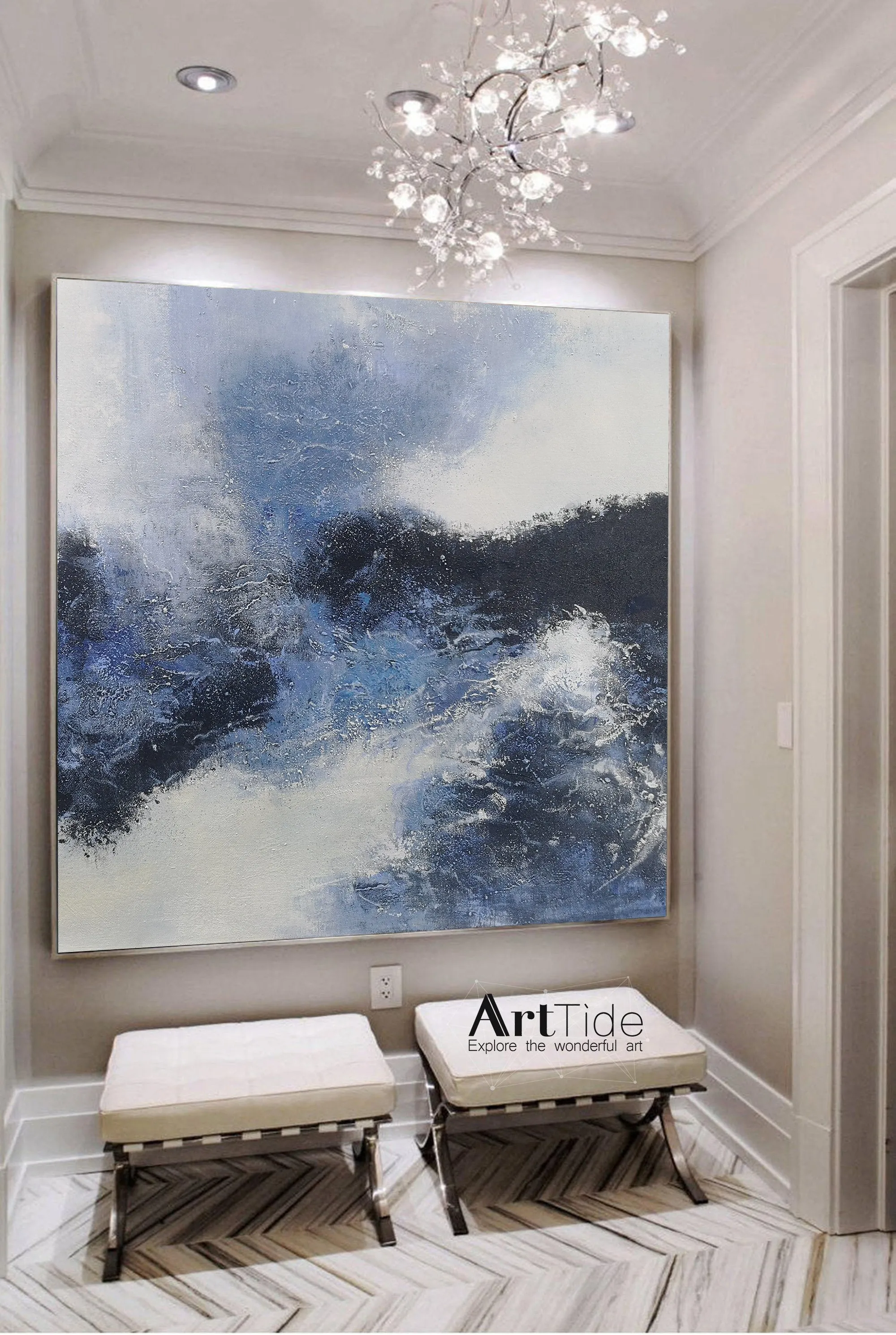 Blue And Black White Abstract Painting Minimalist Art Qp095