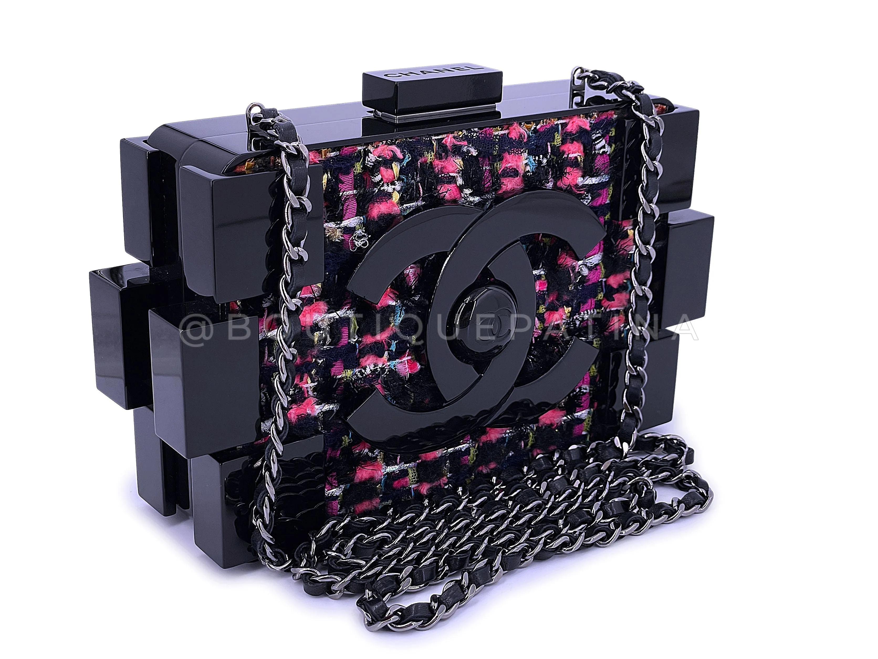 Chanel 2013 Fuchsia Black Tweed Lego Brick Minaudière Clutch Bag RHW Plexiglass F95