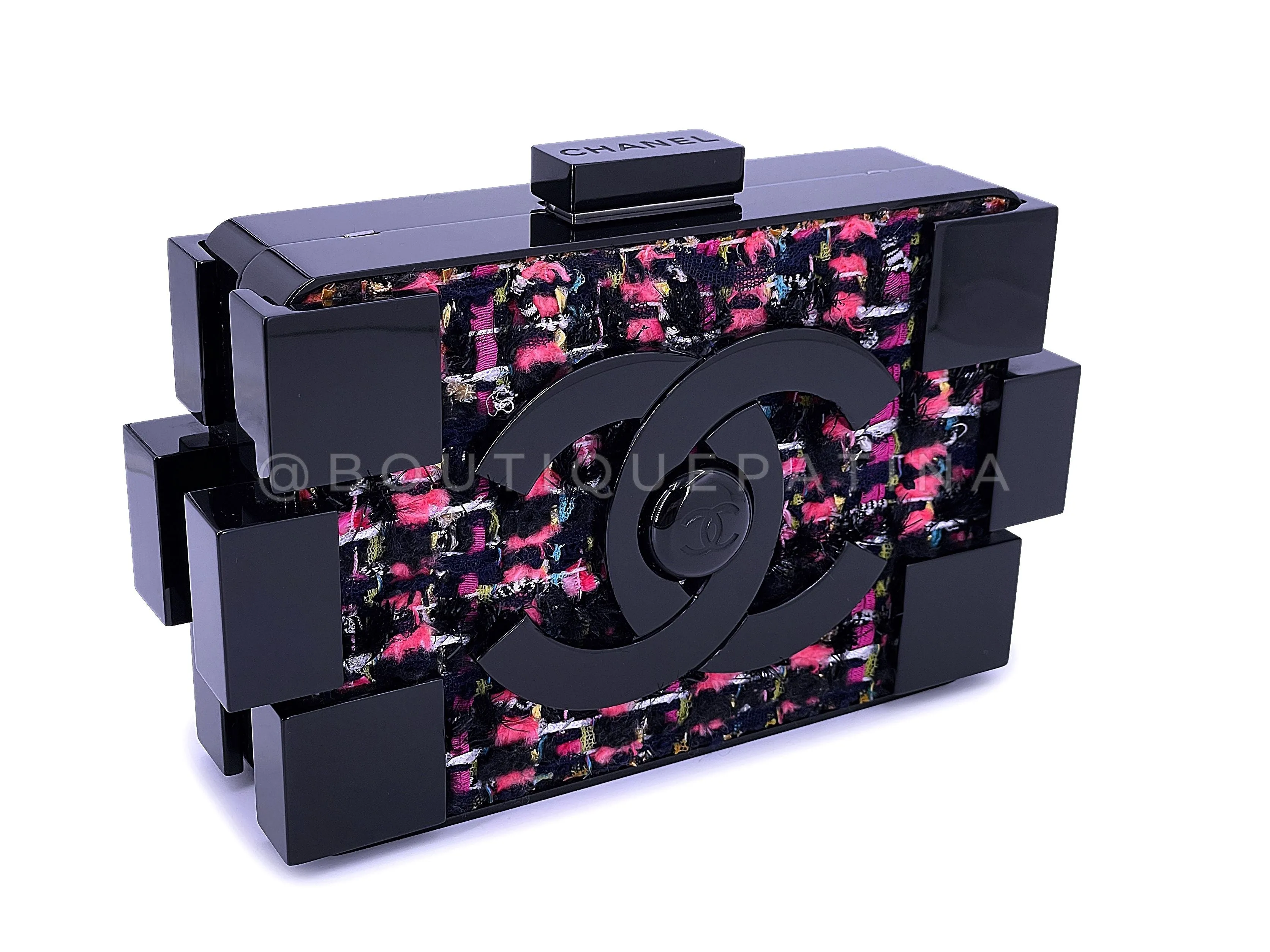 Chanel 2013 Fuchsia Black Tweed Lego Brick Minaudière Clutch Bag RHW Plexiglass F95