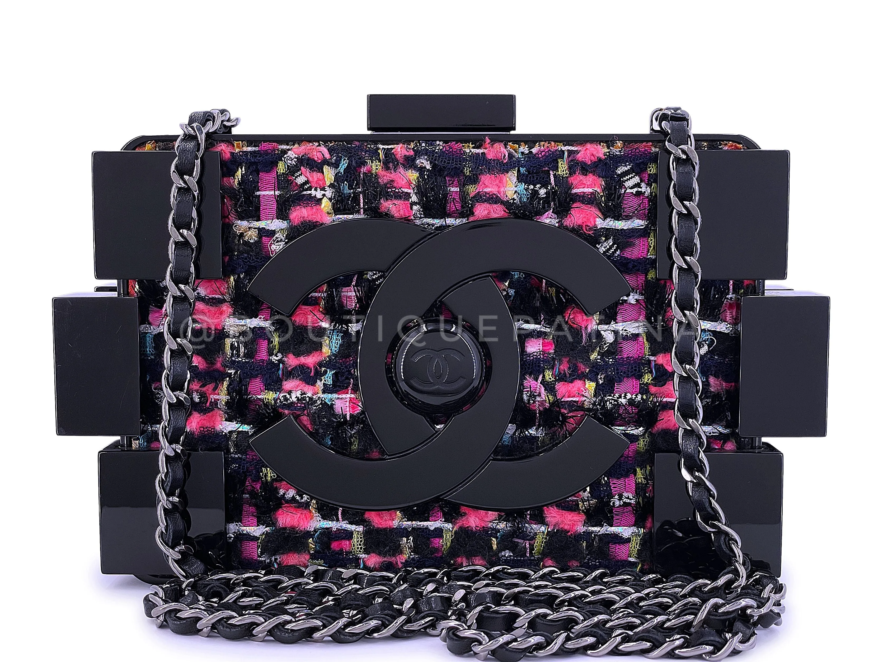 Chanel 2013 Fuchsia Black Tweed Lego Brick Minaudière Clutch Bag RHW Plexiglass F95