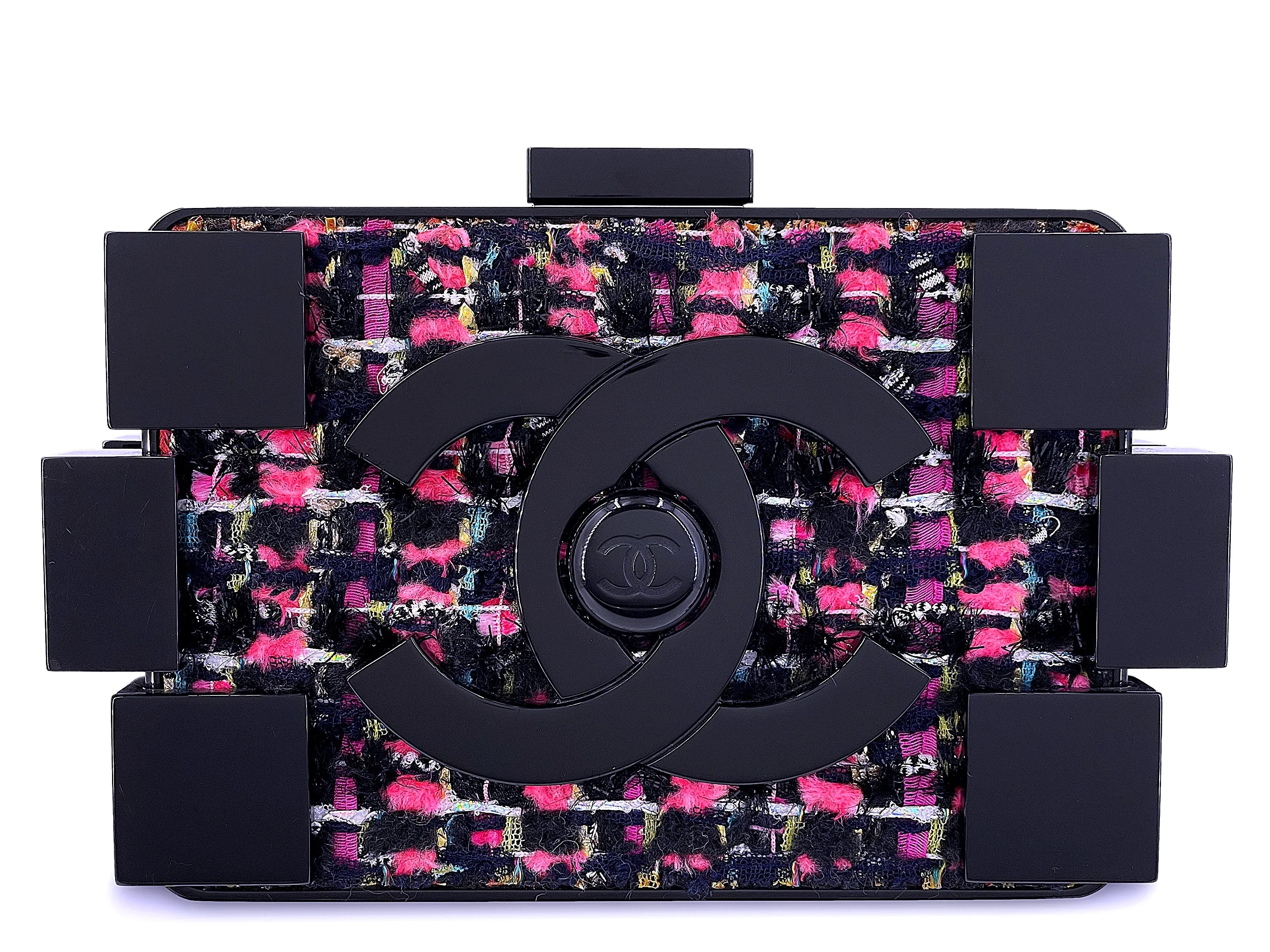 Chanel 2013 Fuchsia Black Tweed Lego Brick Minaudière Clutch Bag RHW Plexiglass F95
