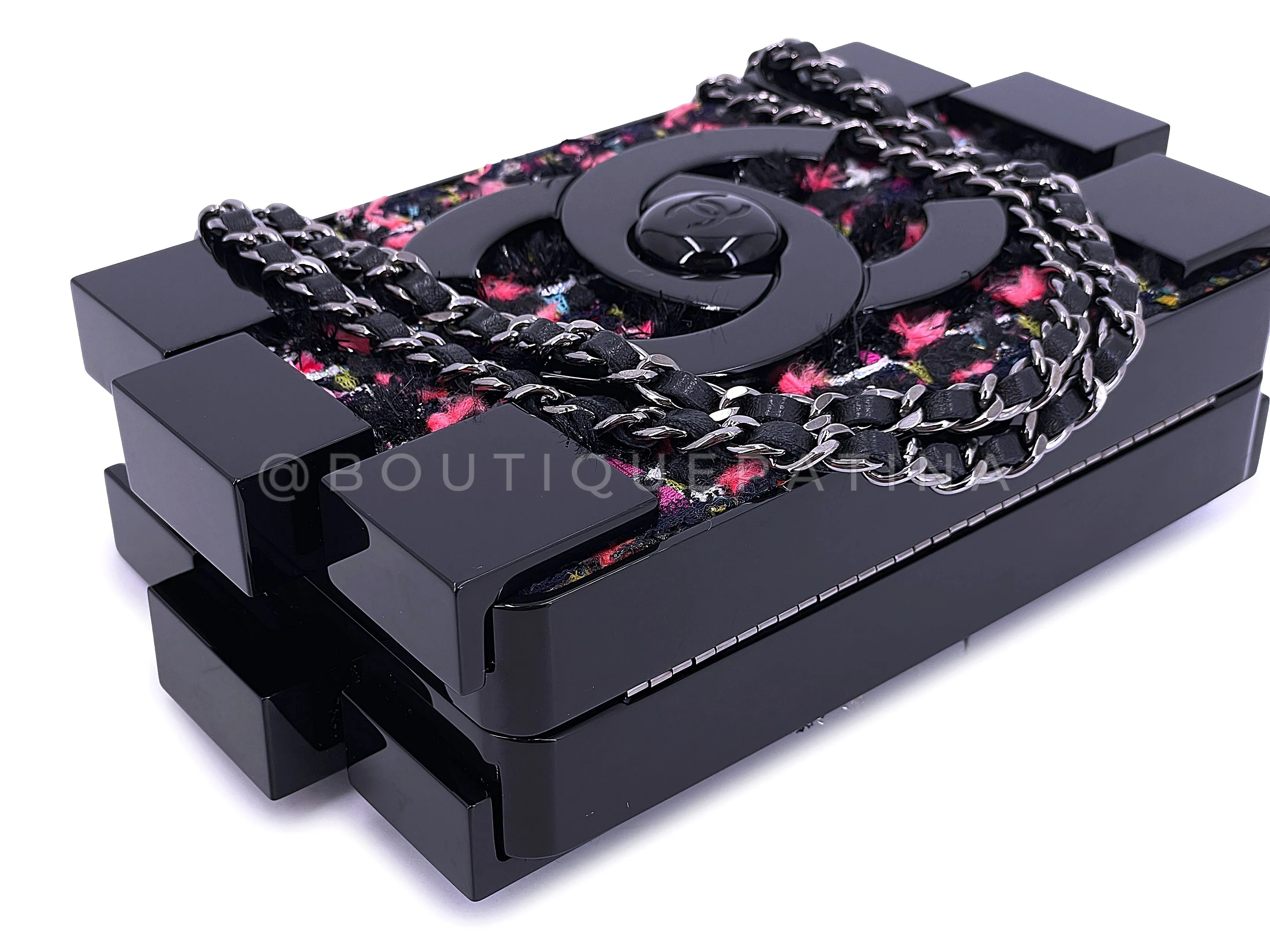 Chanel 2013 Fuchsia Black Tweed Lego Brick Minaudière Clutch Bag RHW Plexiglass F95