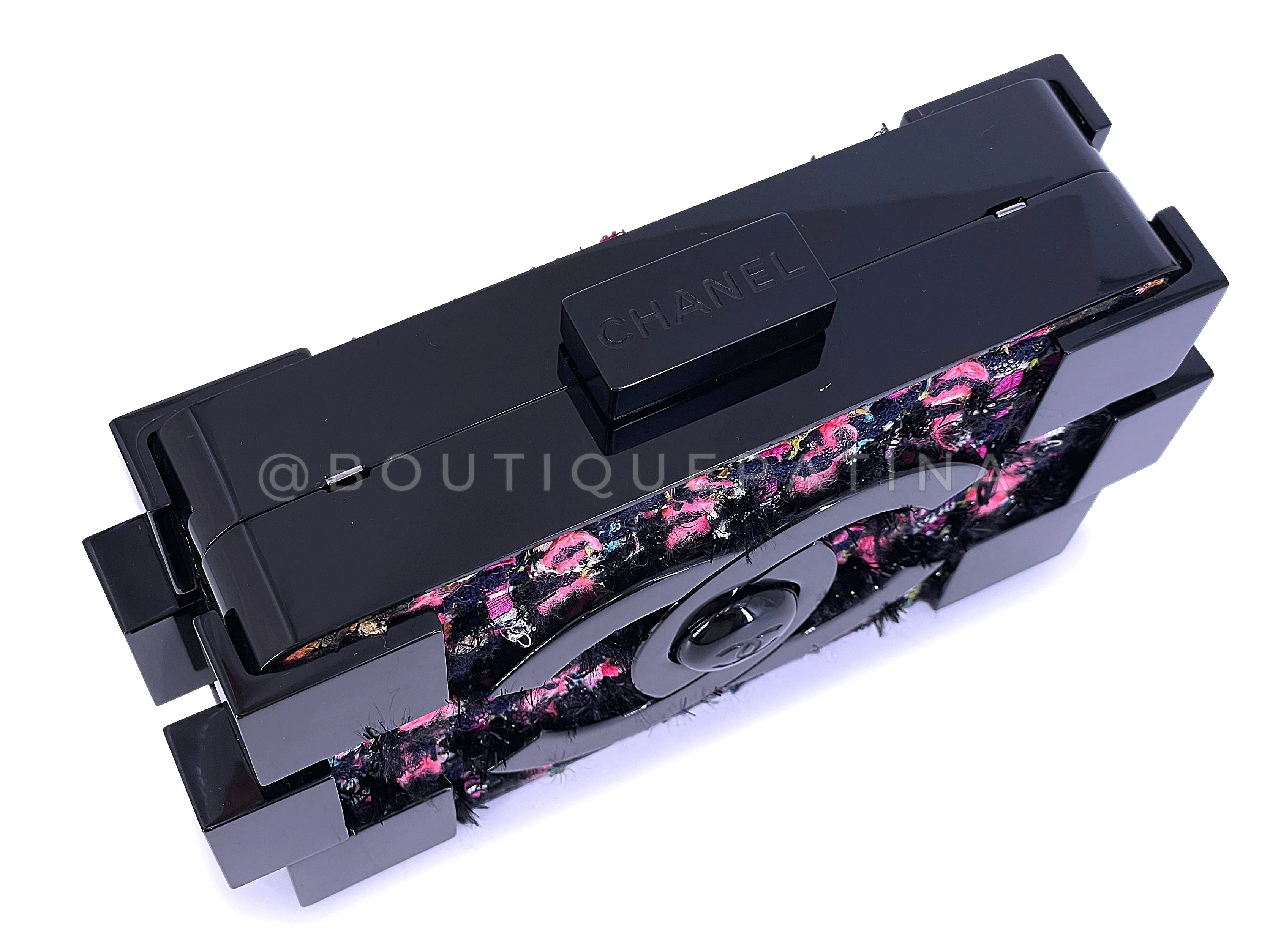 Chanel 2013 Fuchsia Black Tweed Lego Brick Minaudière Clutch Bag RHW Plexiglass F95