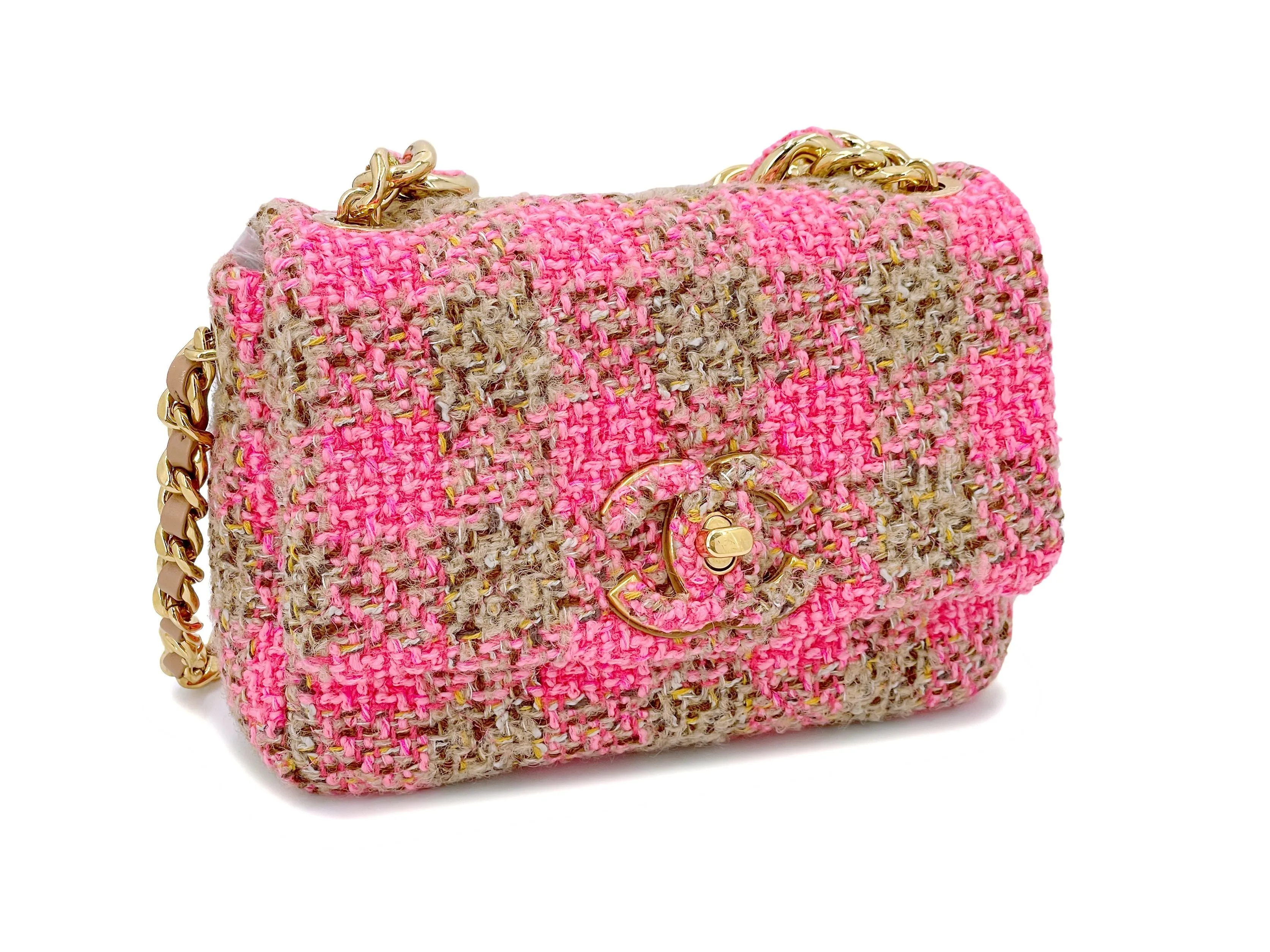 Chanel 2022 Fuchsia Pink Beige Quilted Tweed CC Chain Small Flap Bag