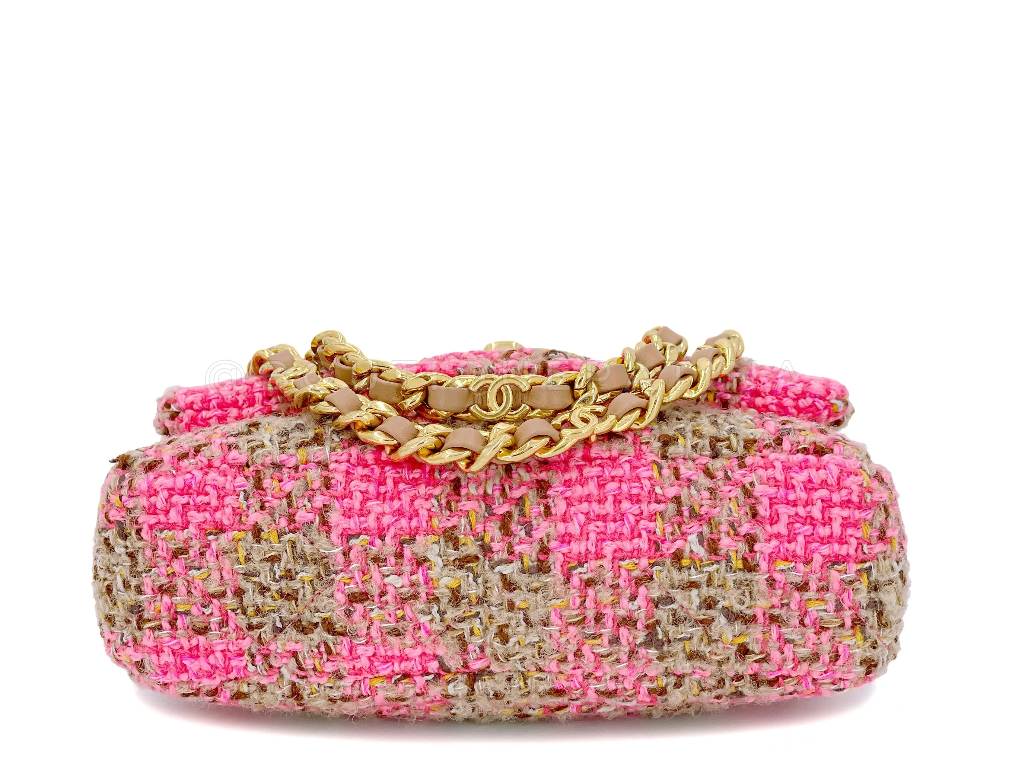 Chanel 2022 Fuchsia Pink Beige Quilted Tweed CC Chain Small Flap Bag