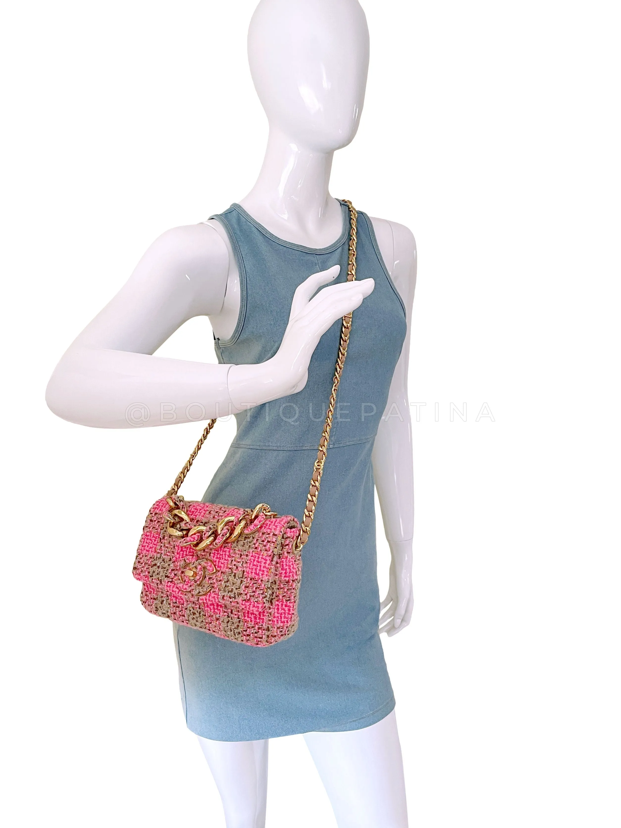 Chanel 2022 Fuchsia Pink Beige Quilted Tweed CC Chain Small Flap Bag