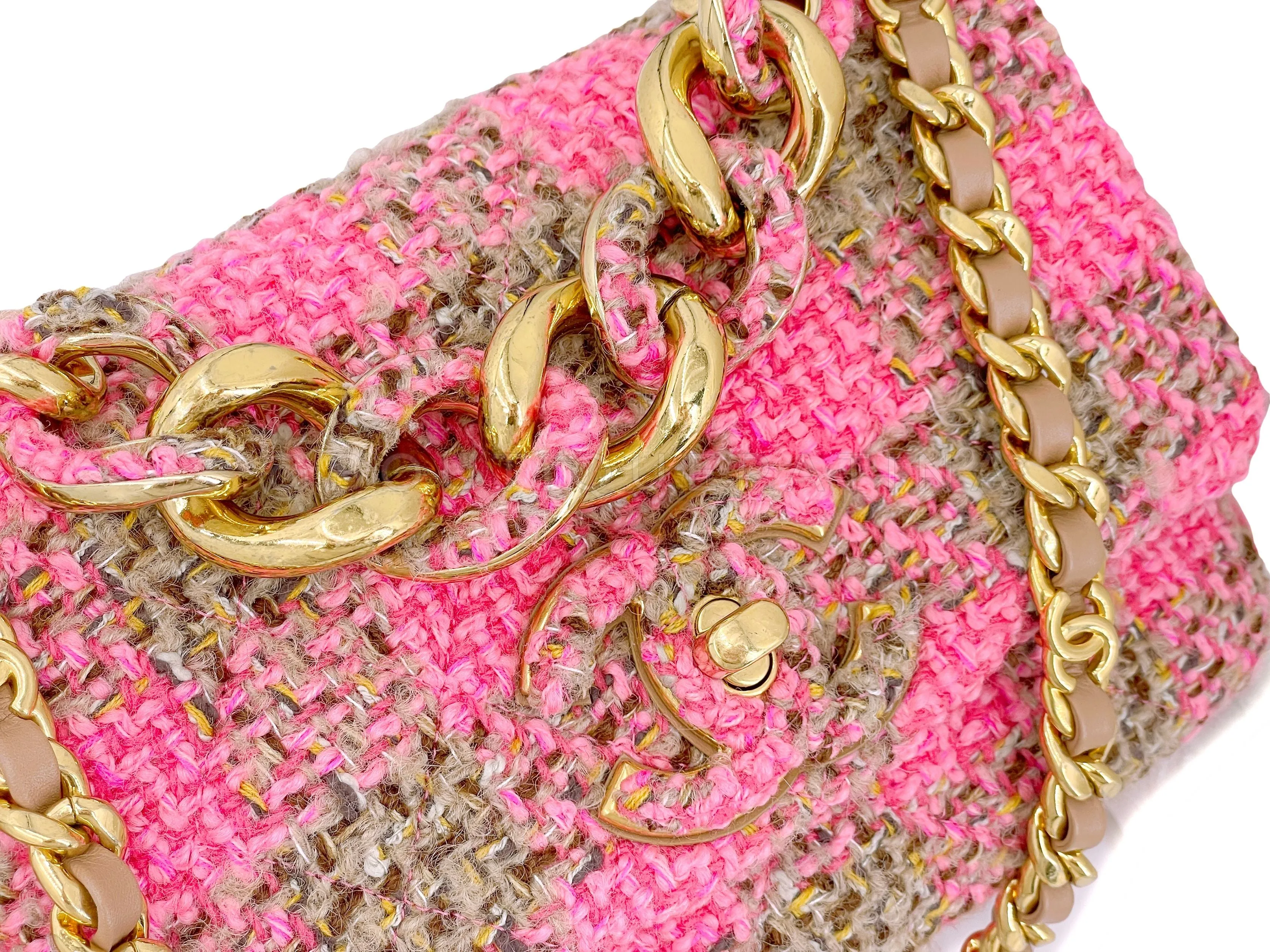 Chanel 2022 Fuchsia Pink Beige Quilted Tweed CC Chain Small Flap Bag