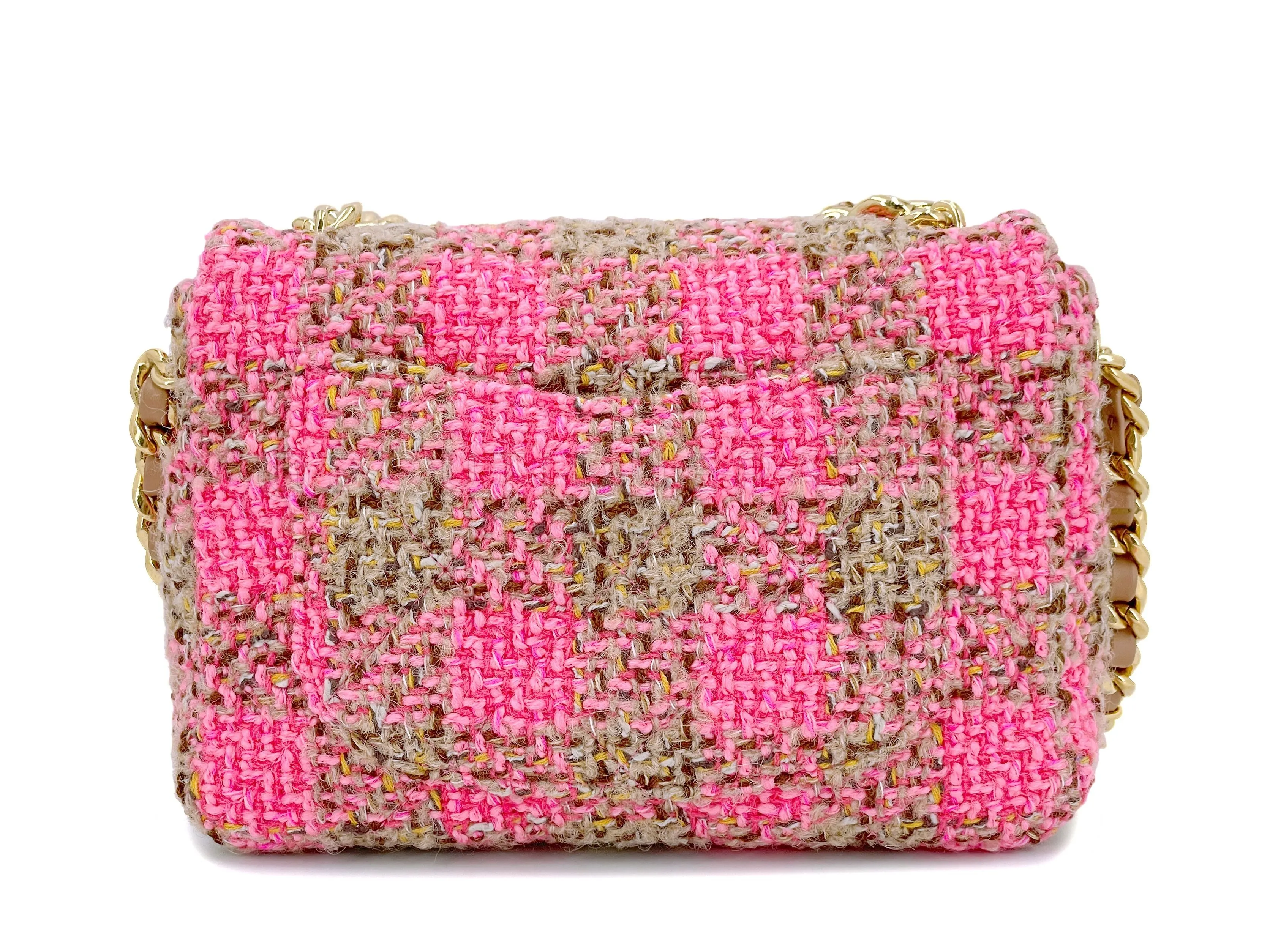 Chanel 2022 Fuchsia Pink Beige Quilted Tweed CC Chain Small Flap Bag