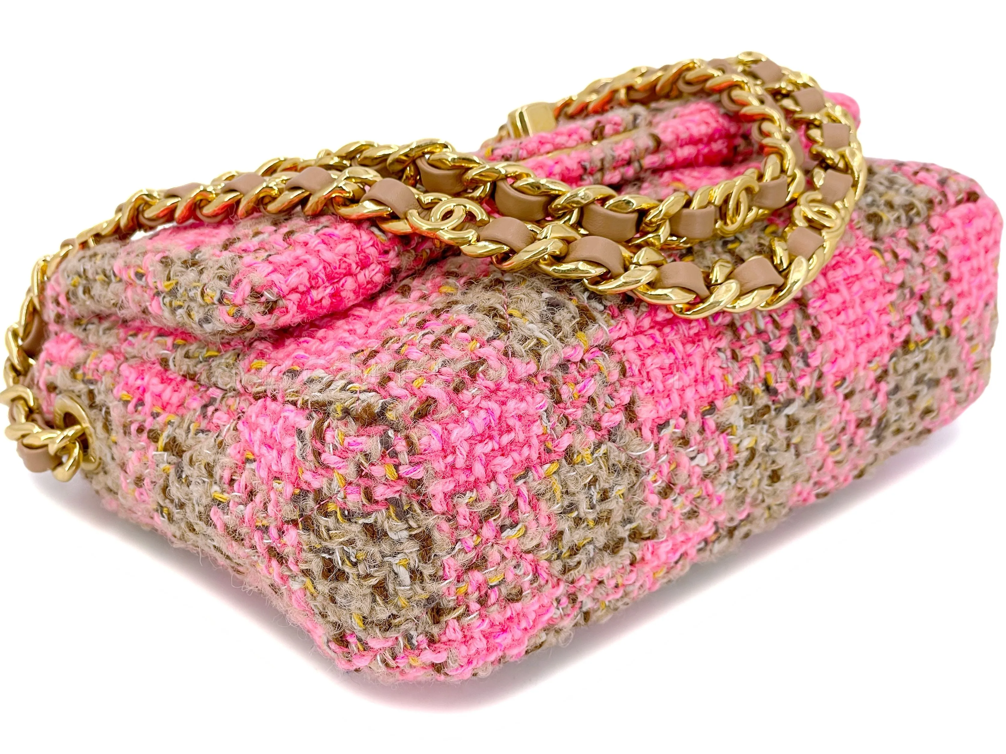 Chanel 2022 Fuchsia Pink Beige Quilted Tweed CC Chain Small Flap Bag