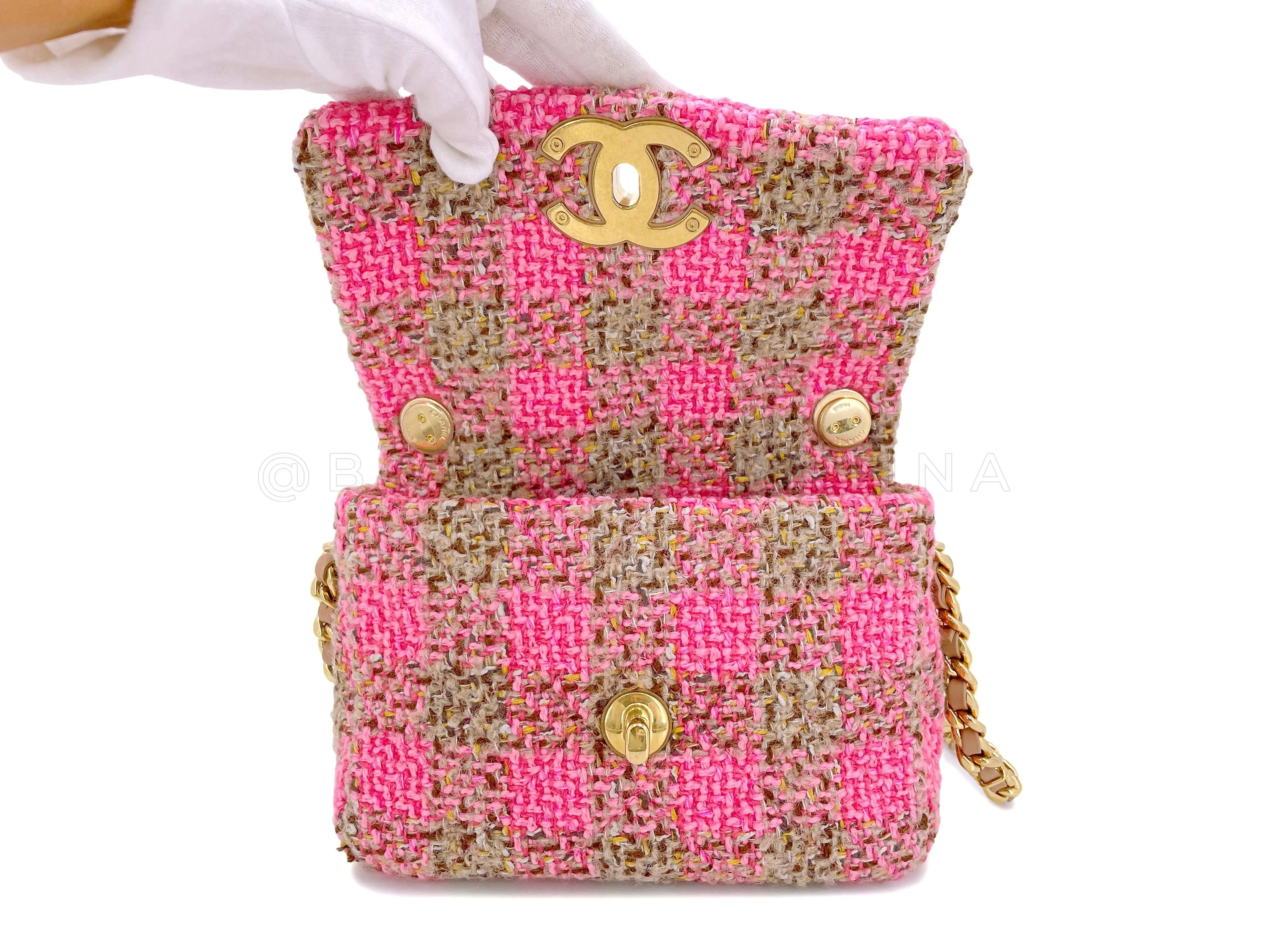 Chanel 2022 Fuchsia Pink Beige Quilted Tweed CC Chain Small Flap Bag