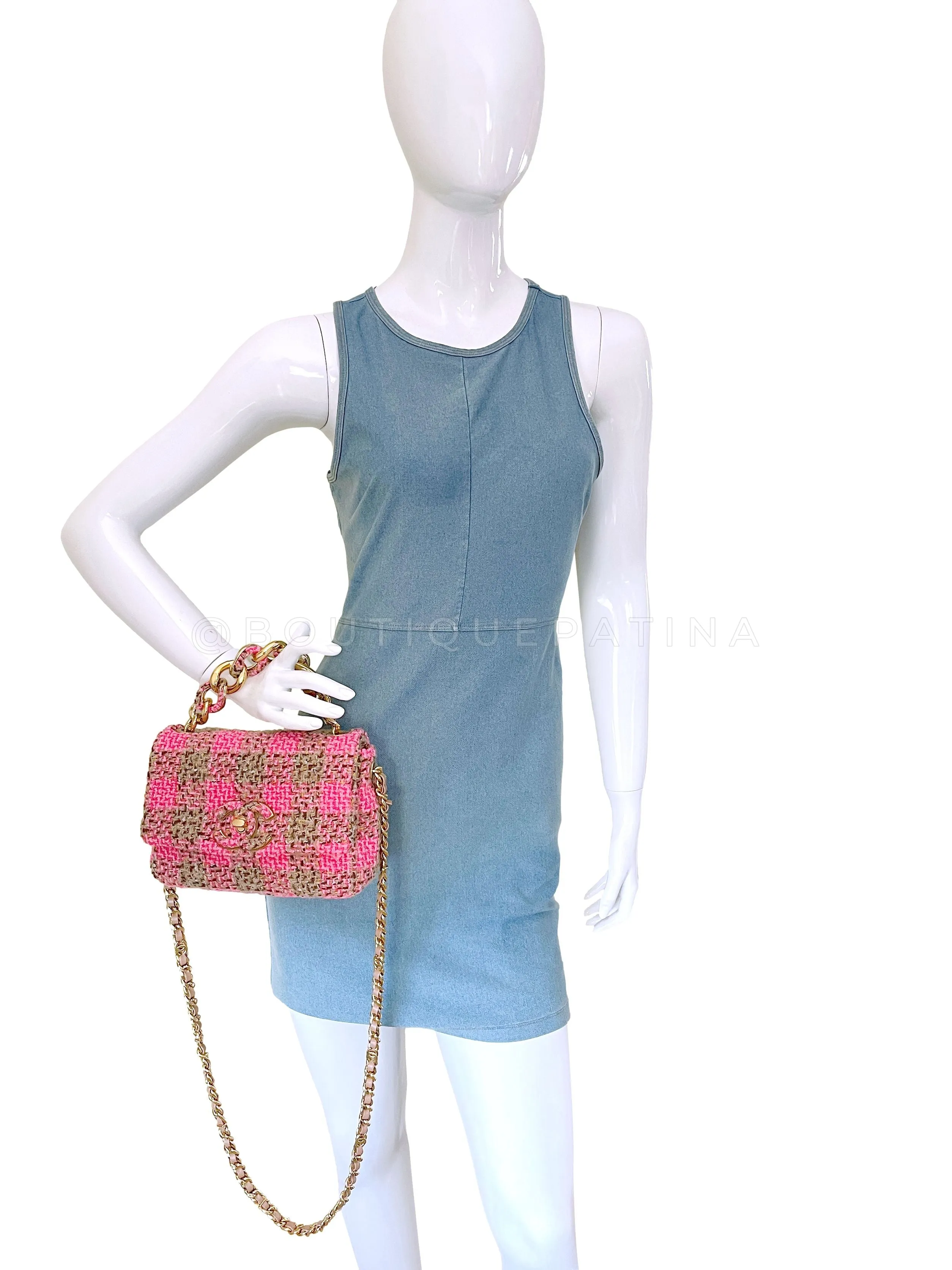 Chanel 2022 Fuchsia Pink Beige Quilted Tweed CC Chain Small Flap Bag