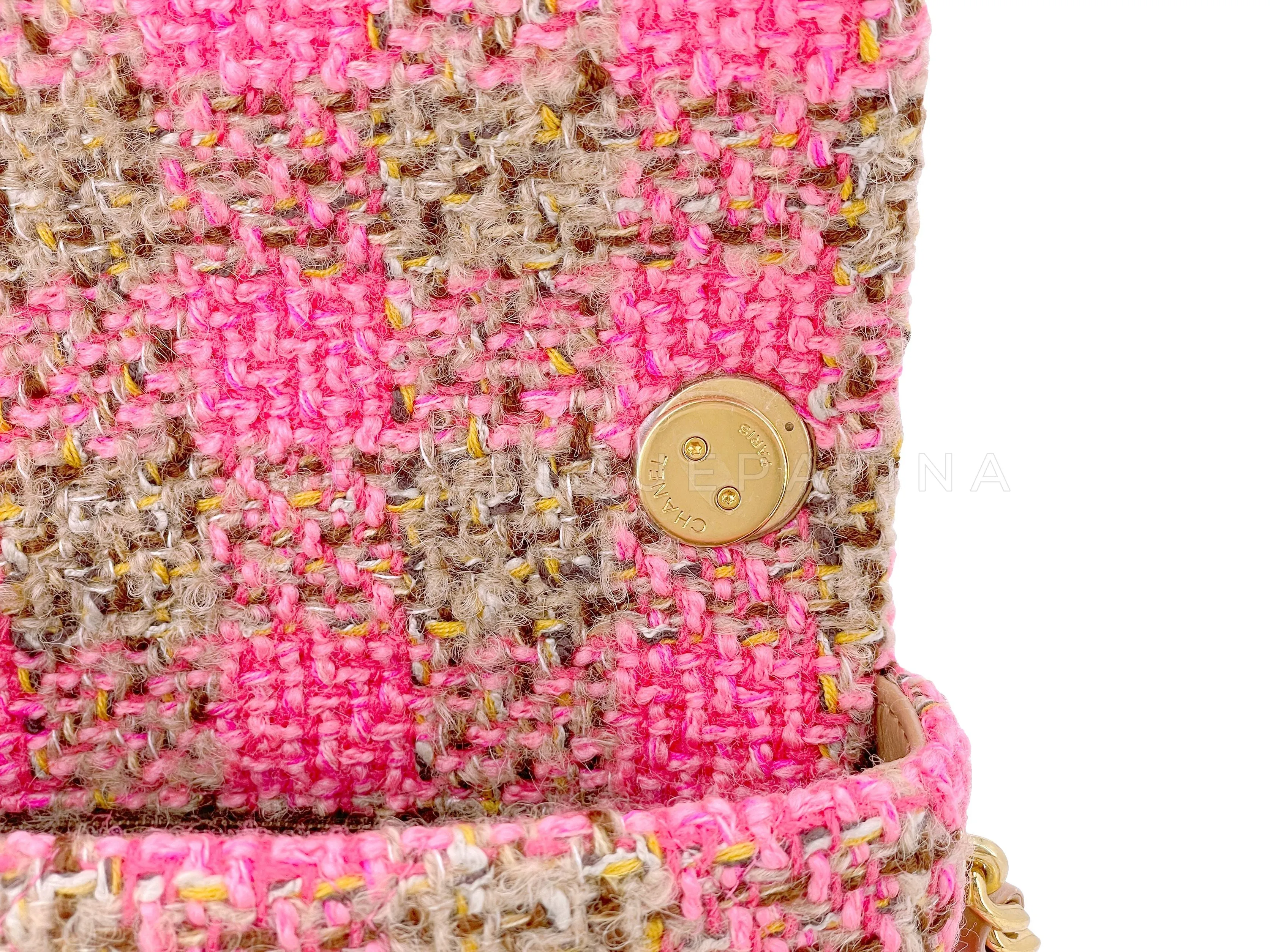 Chanel 2022 Fuchsia Pink Beige Quilted Tweed CC Chain Small Flap Bag