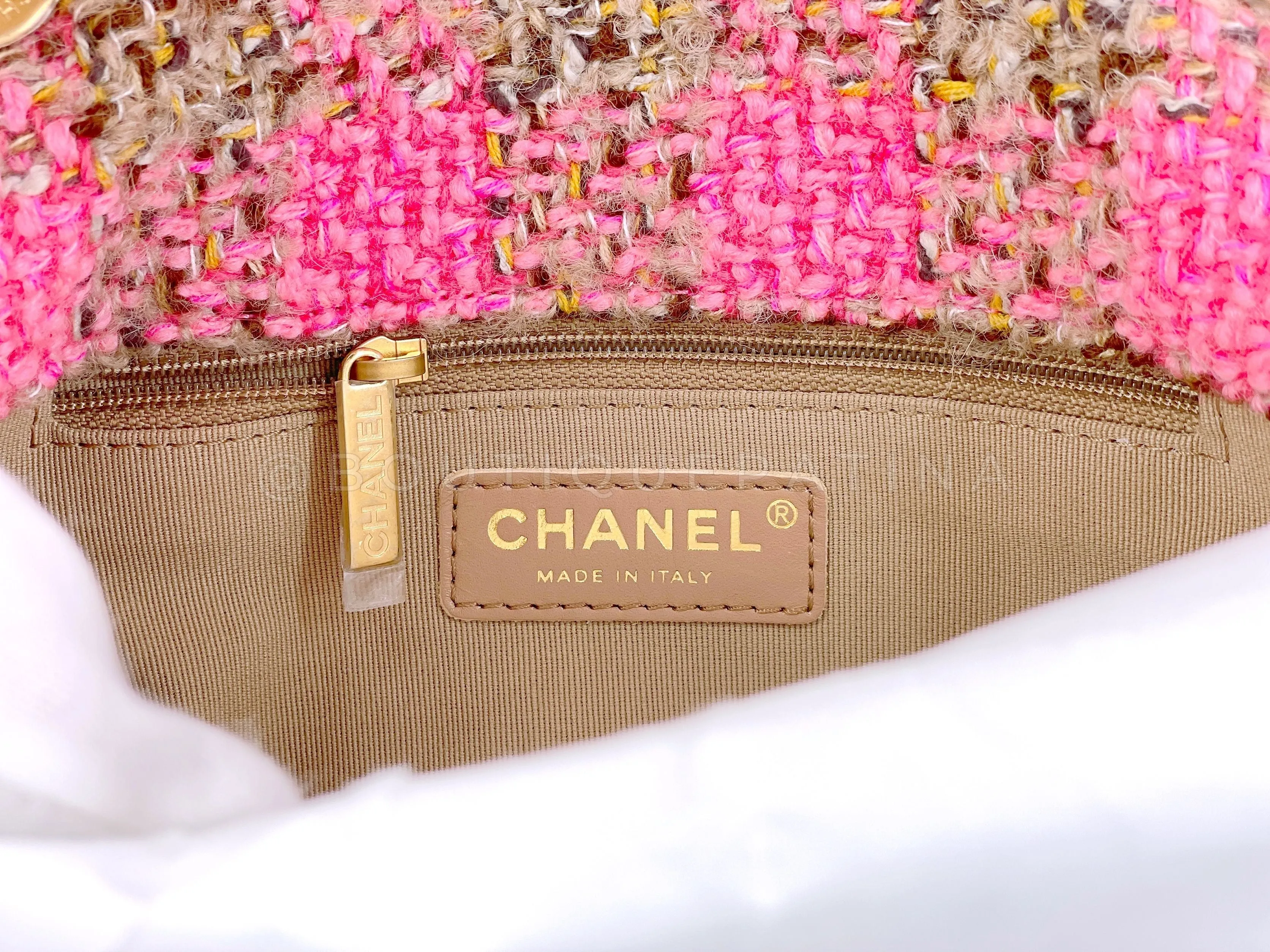 Chanel 2022 Fuchsia Pink Beige Quilted Tweed CC Chain Small Flap Bag