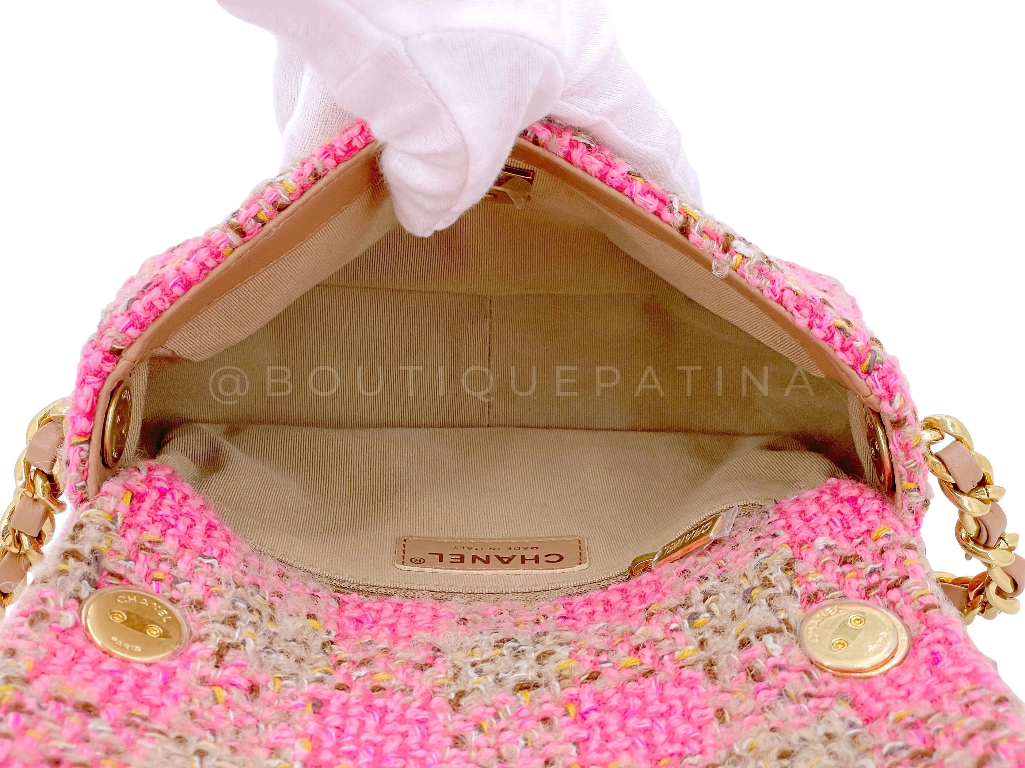 Chanel 2022 Fuchsia Pink Beige Quilted Tweed CC Chain Small Flap Bag