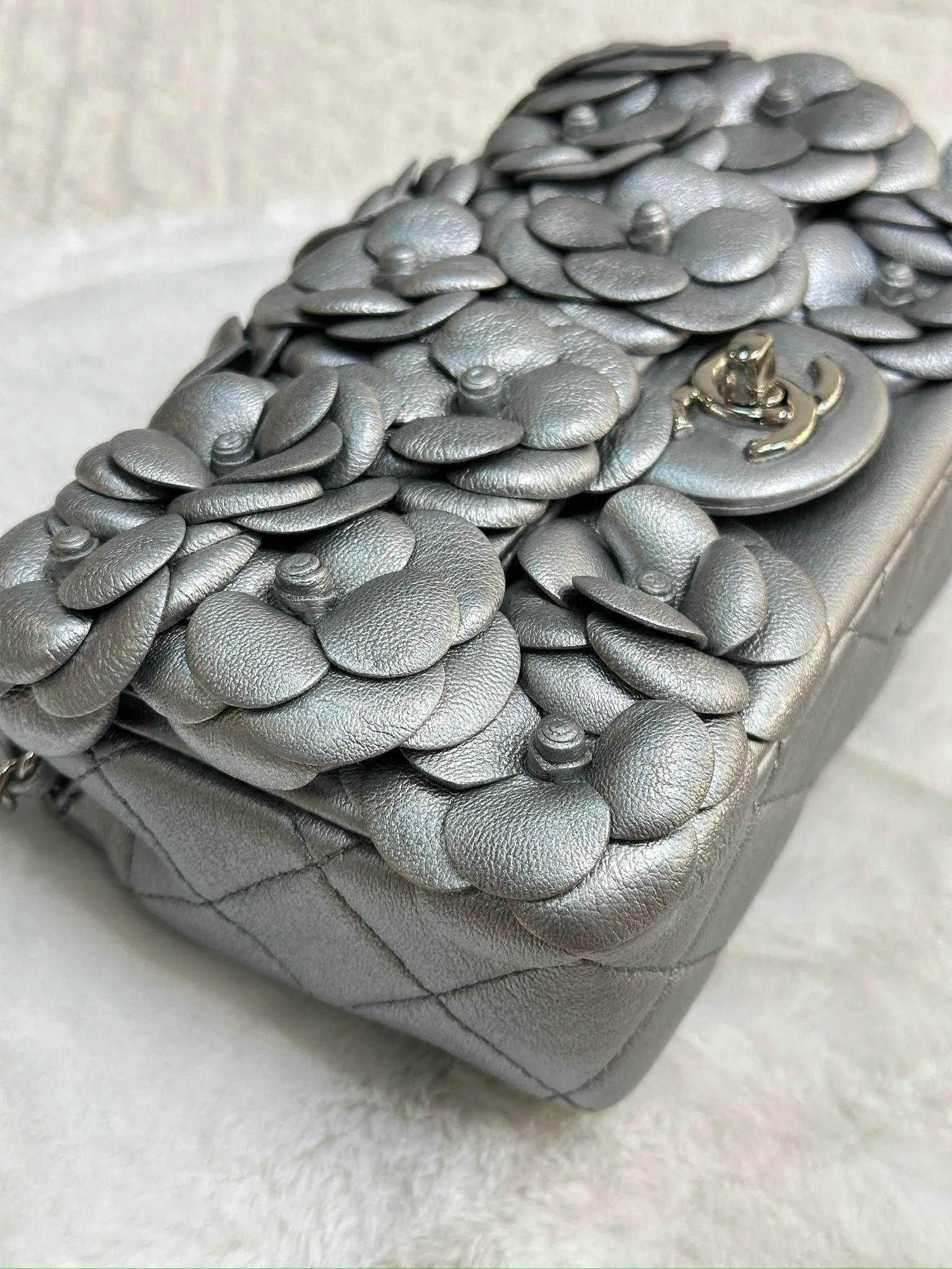 Chanel Mini Camellia Lambskin Shiny Silver SHW