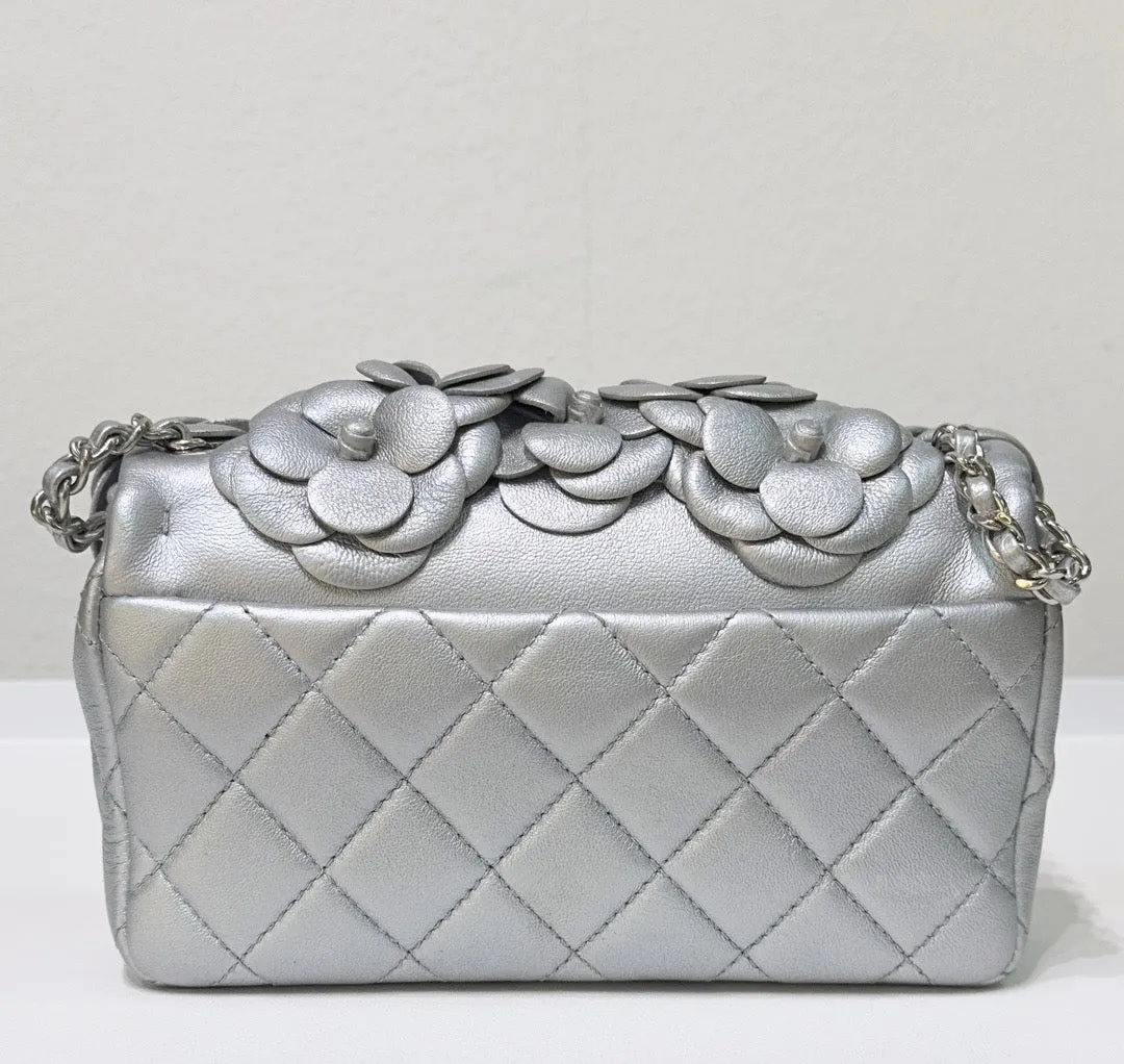 Chanel Mini Camellia Lambskin Shiny Silver SHW