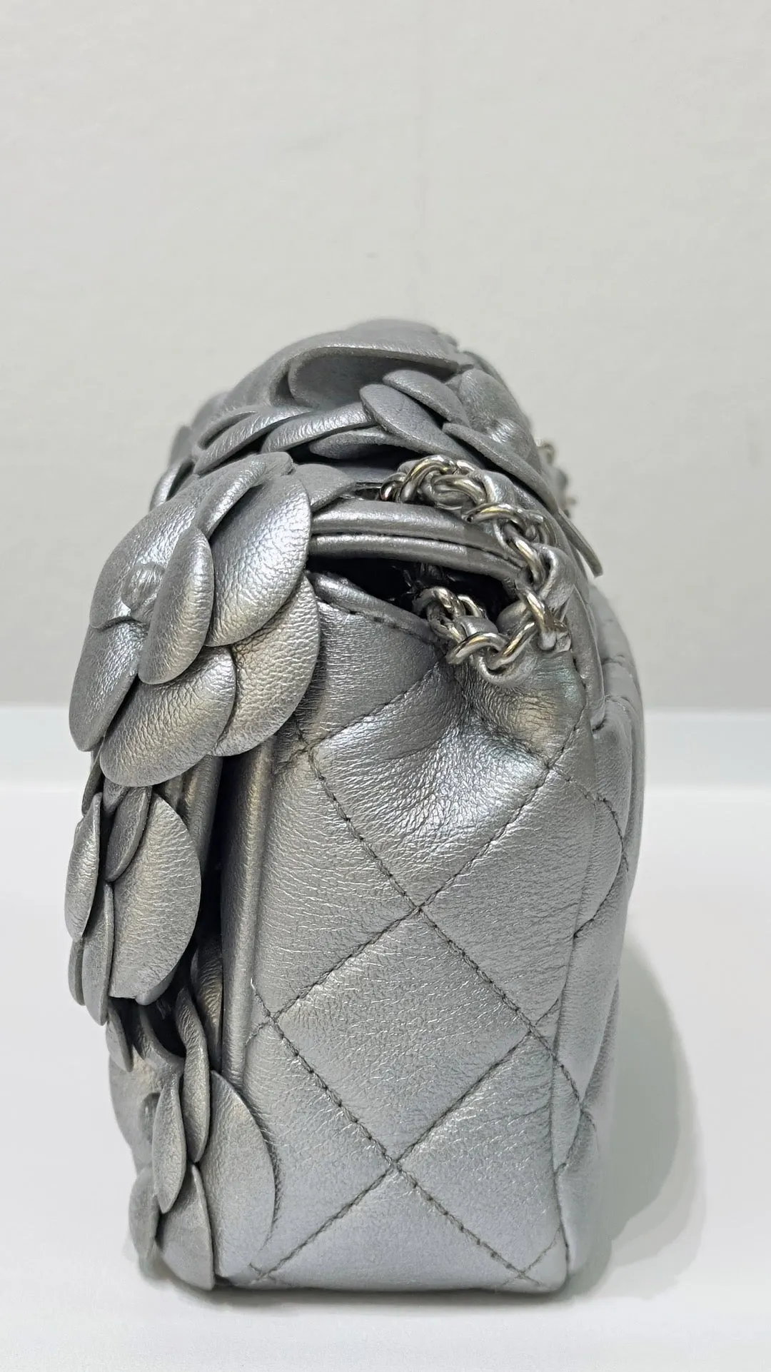 Chanel Mini Camellia Lambskin Shiny Silver SHW