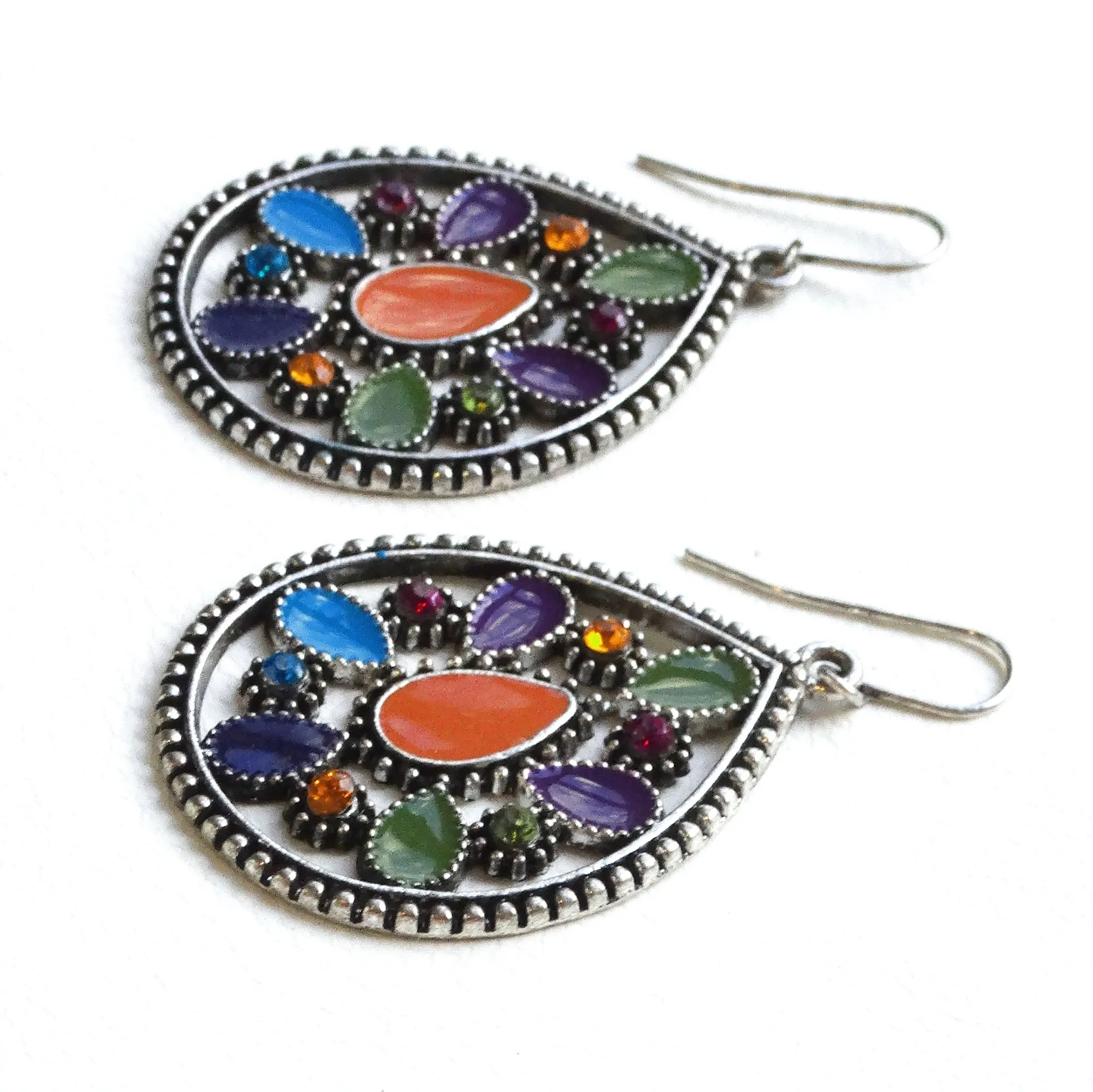 Colorful Enamel and Rhinestone Boho Teardrop Dangling Earrings, Gift