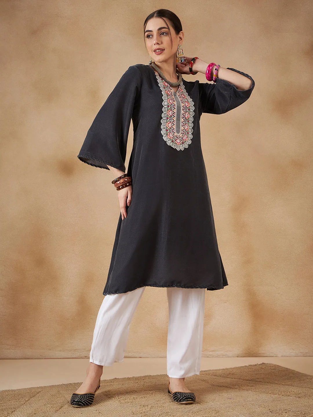 Dark Grey V Neck Bell Sleeve Patch Work Velvet  Kurta
