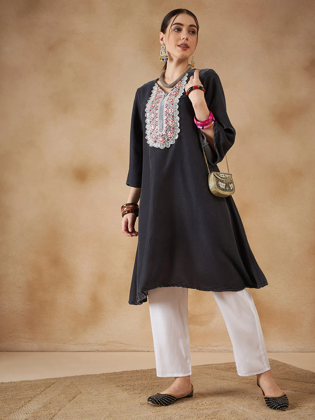 Dark Grey V Neck Bell Sleeve Patch Work Velvet  Kurta