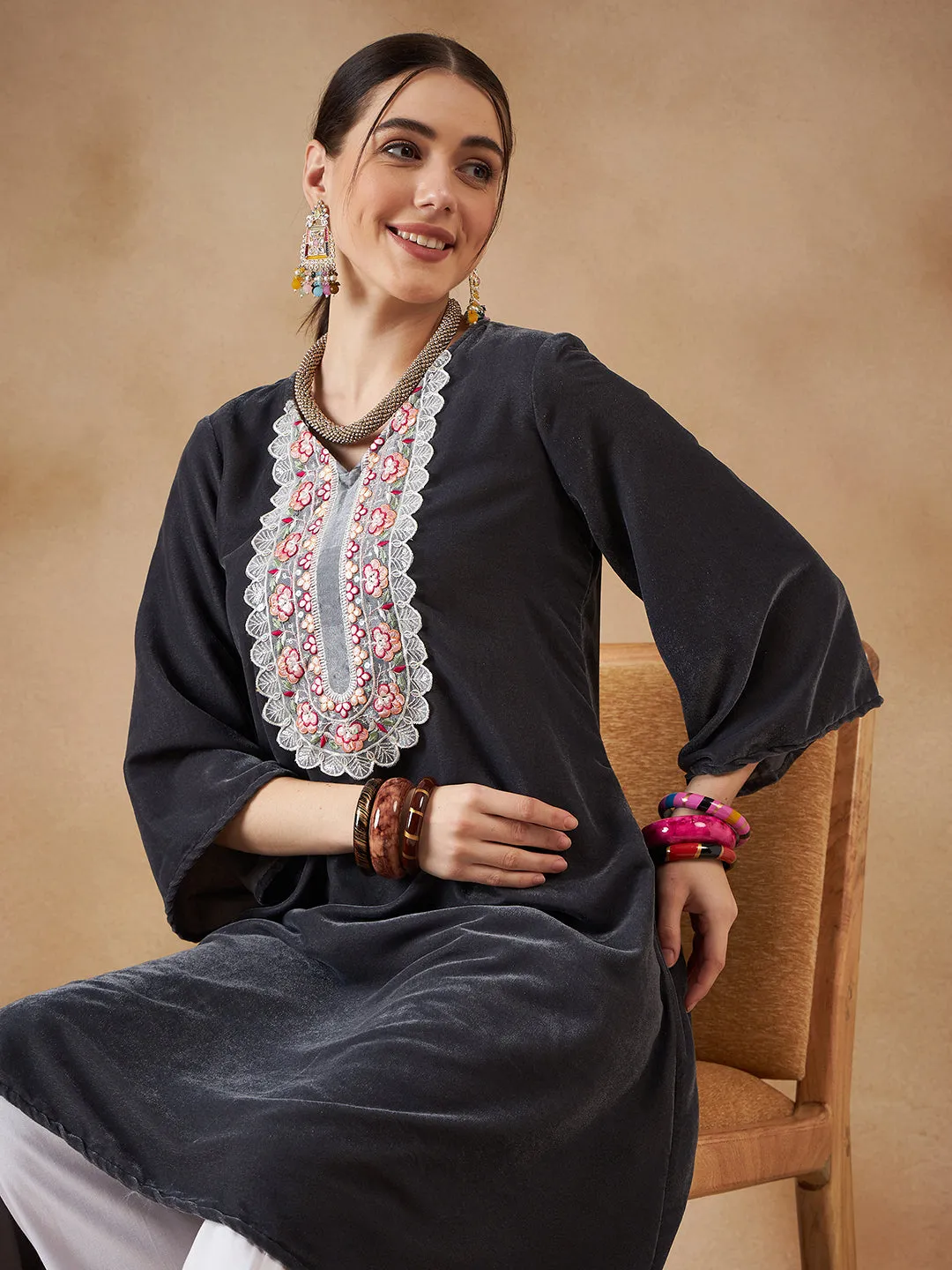 Dark Grey V Neck Bell Sleeve Patch Work Velvet  Kurta