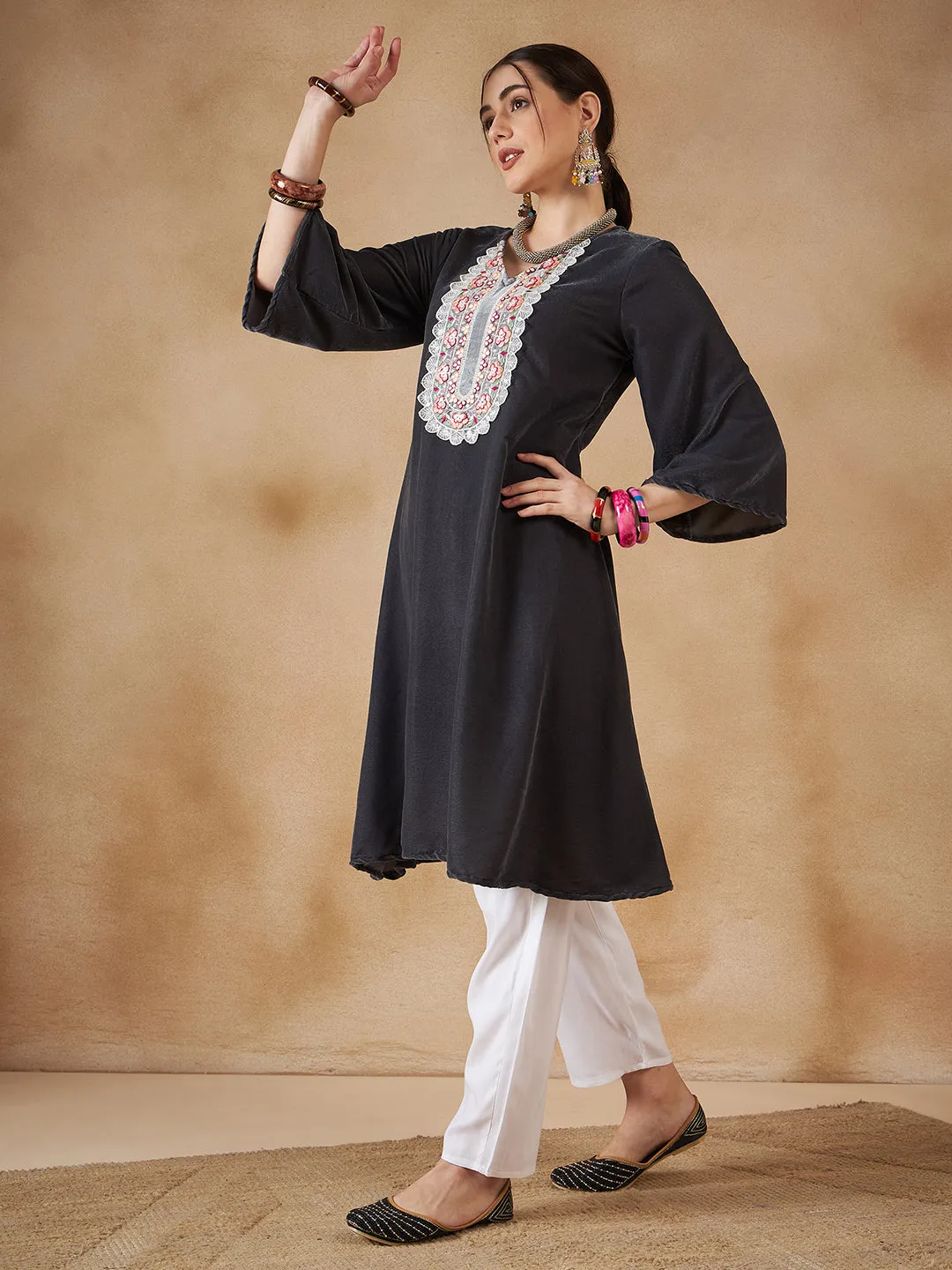 Dark Grey V Neck Bell Sleeve Patch Work Velvet  Kurta