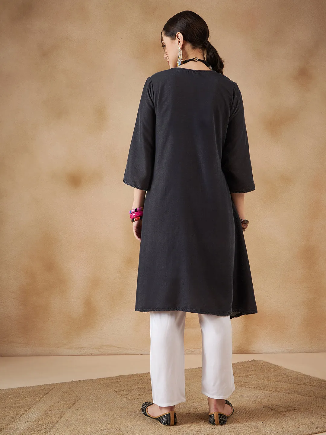 Dark Grey V Neck Bell Sleeve Patch Work Velvet  Kurta