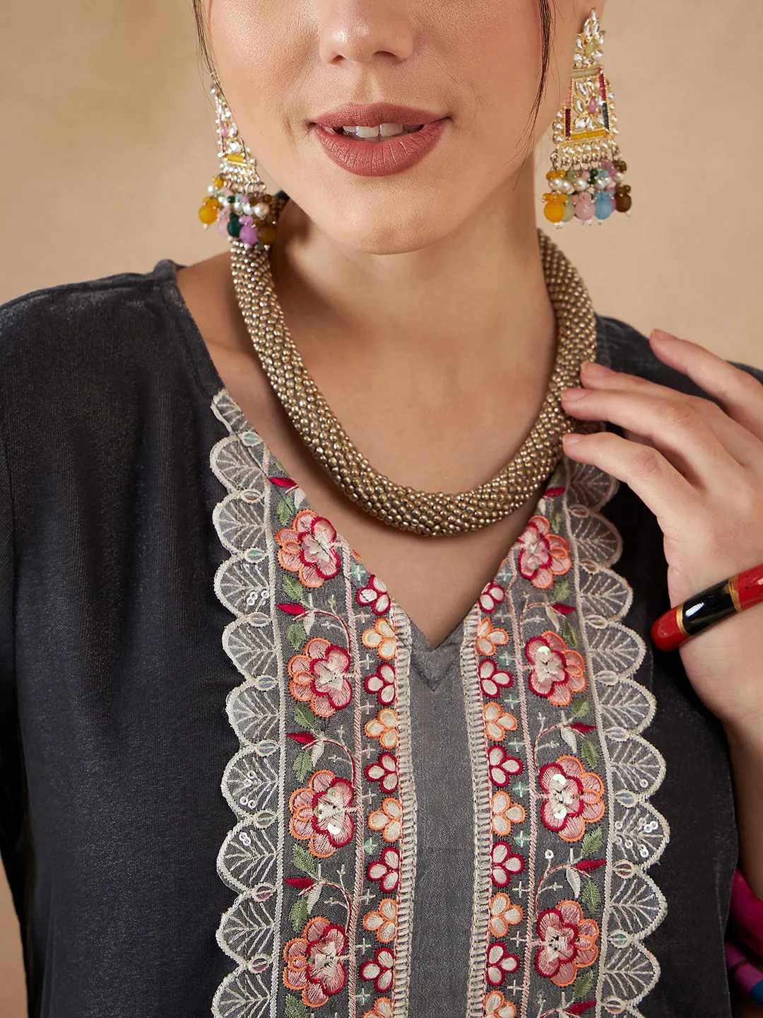 Dark Grey V Neck Bell Sleeve Patch Work Velvet  Kurta