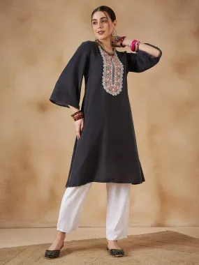 Dark Grey V Neck Bell Sleeve Patch Work Velvet  Kurta