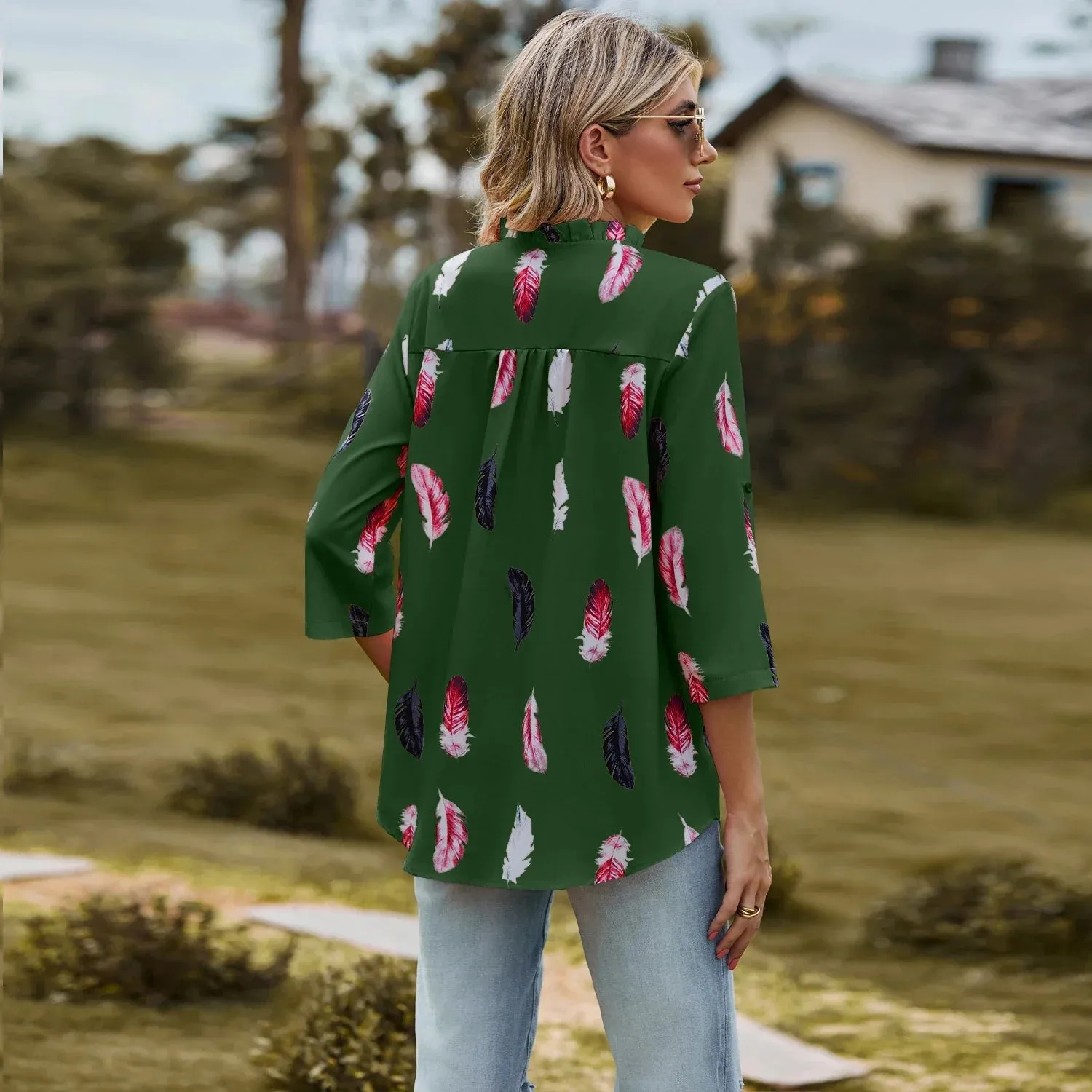 Fashion Woman Blouse Shirts For Women  Autumn Top Half Sleeve Feather Pink Red Green Navy Female Tops Women's Clothing