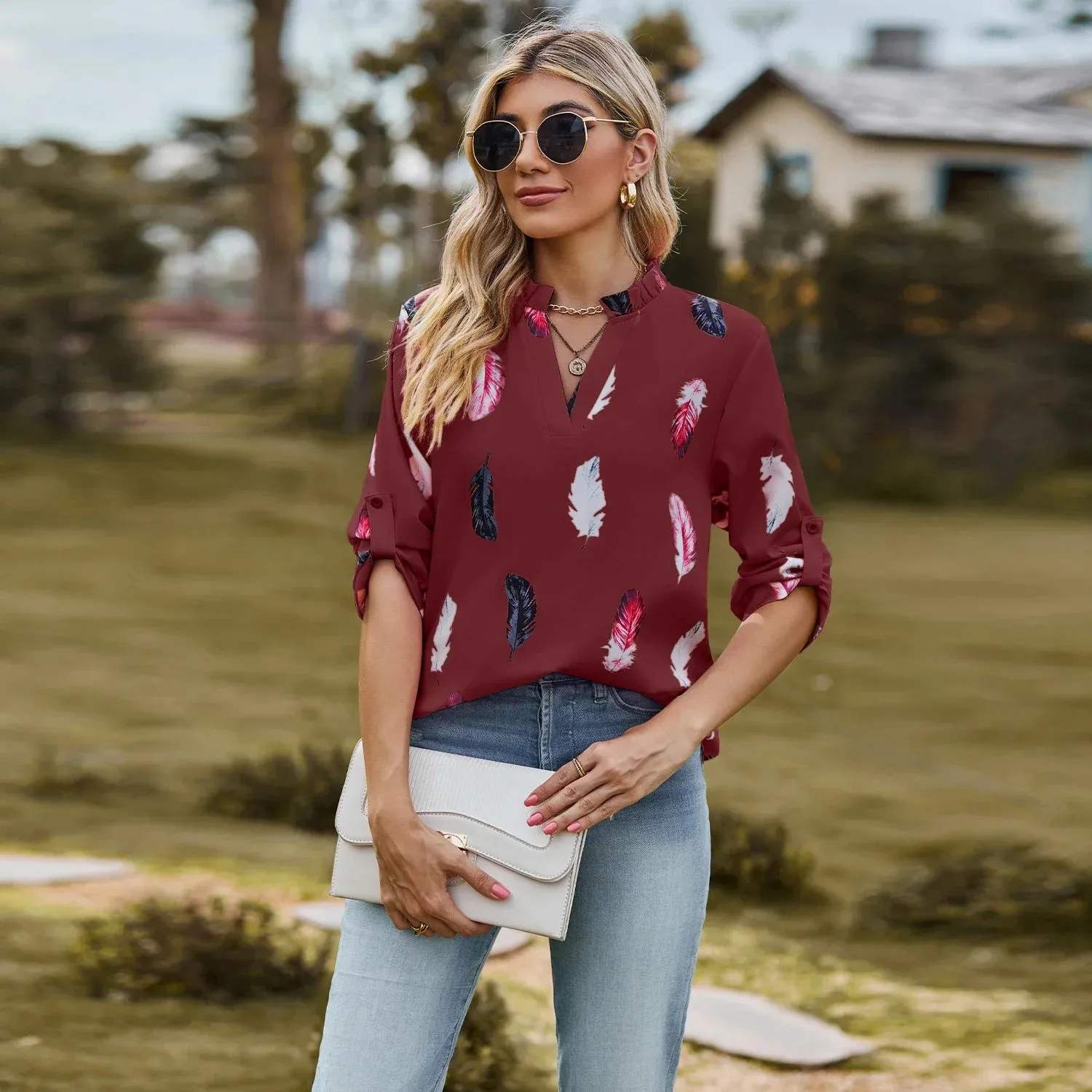 Fashion Woman Blouse Shirts For Women  Autumn Top Half Sleeve Feather Pink Red Green Navy Female Tops Women's Clothing