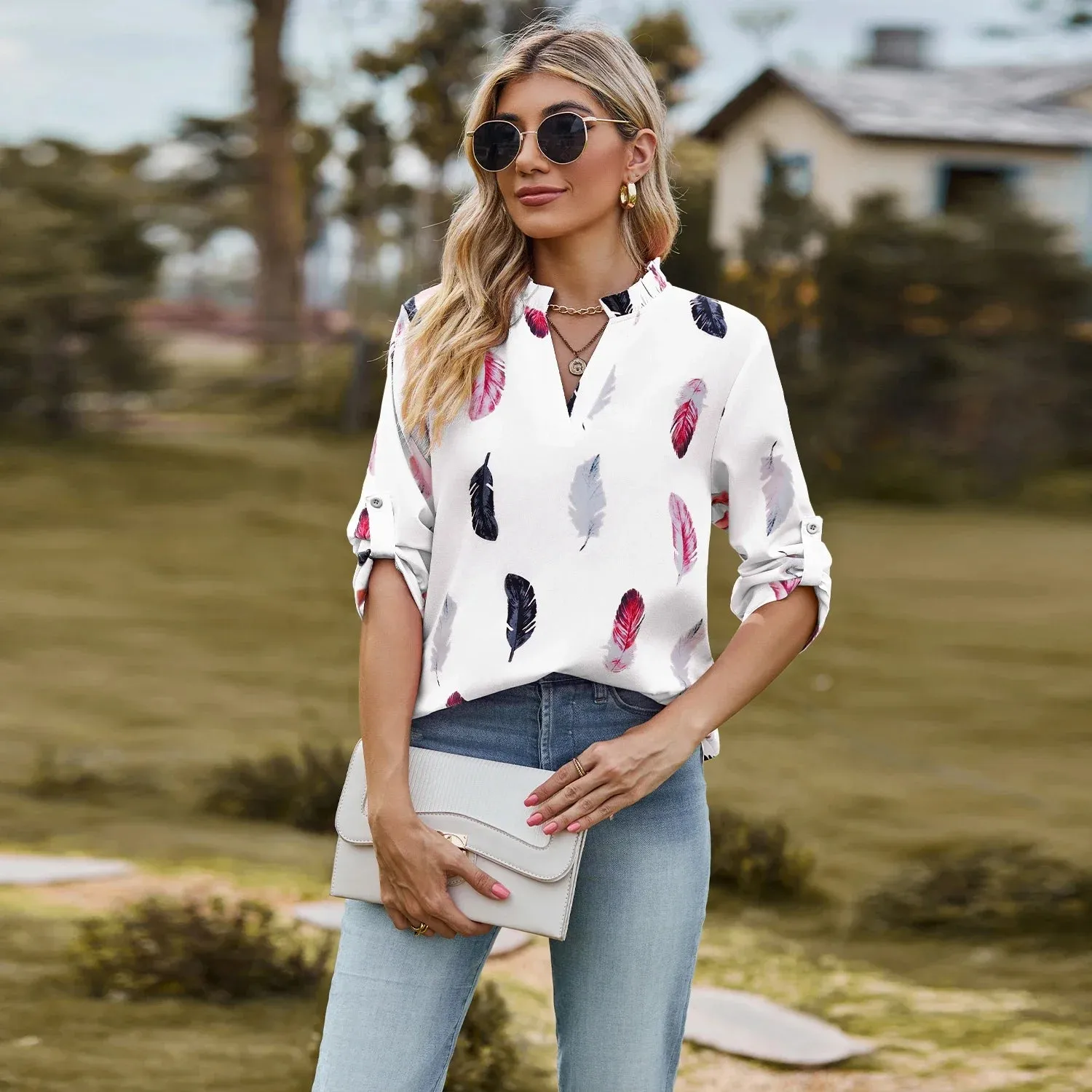 Fashion Woman Blouse Shirts For Women  Autumn Top Half Sleeve Feather Pink Red Green Navy Female Tops Women's Clothing