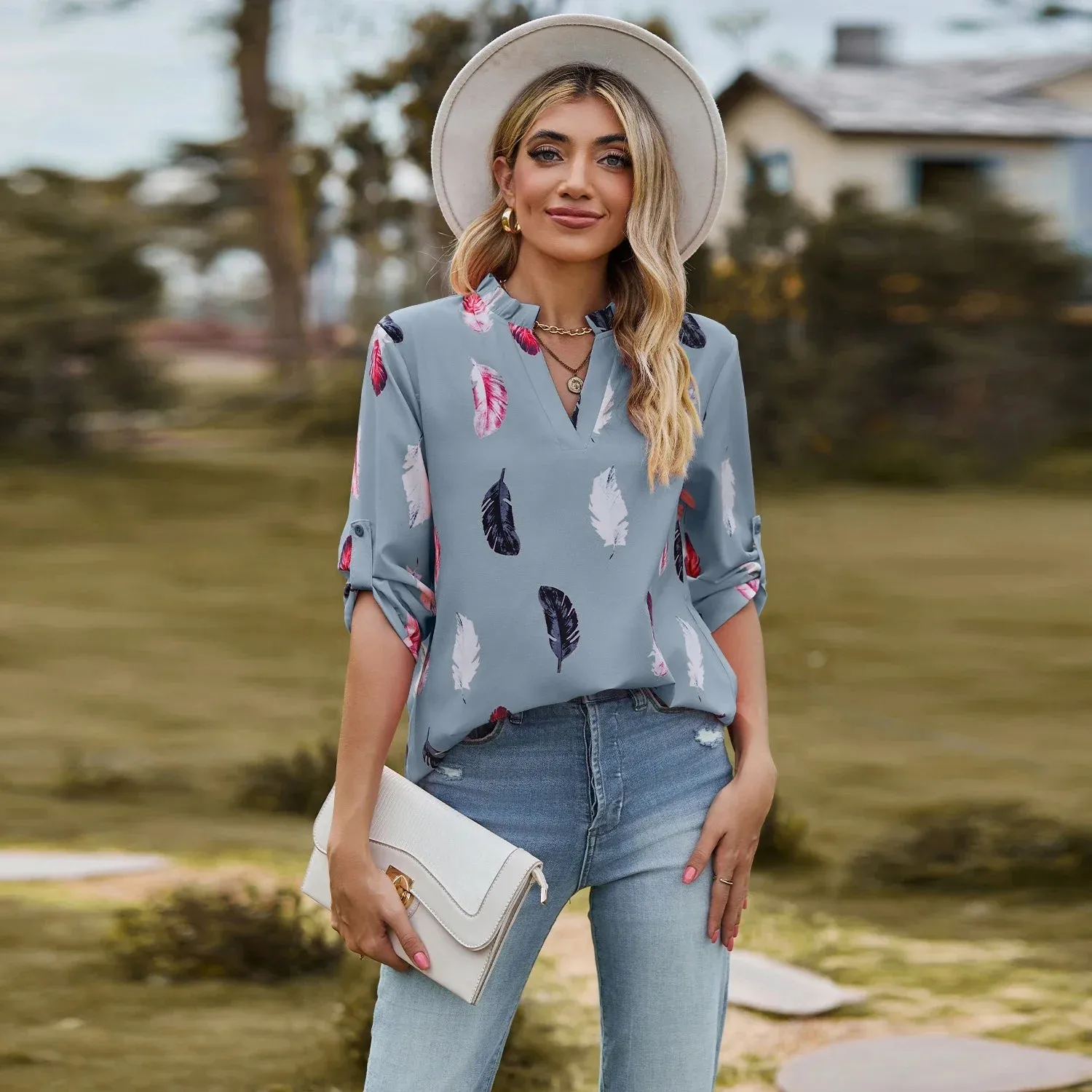 Fashion Woman Blouse Shirts For Women  Autumn Top Half Sleeve Feather Pink Red Green Navy Female Tops Women's Clothing