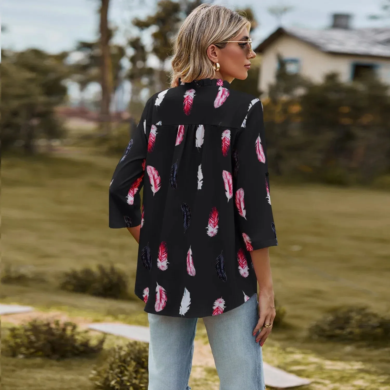 Fashion Woman Blouse Shirts For Women  Autumn Top Half Sleeve Feather Pink Red Green Navy Female Tops Women's Clothing