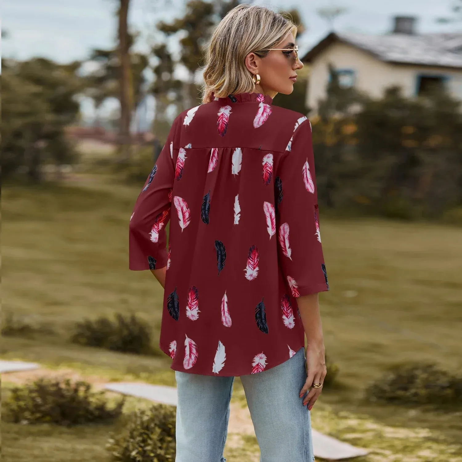 Fashion Woman Blouse Shirts For Women  Autumn Top Half Sleeve Feather Pink Red Green Navy Female Tops Women's Clothing