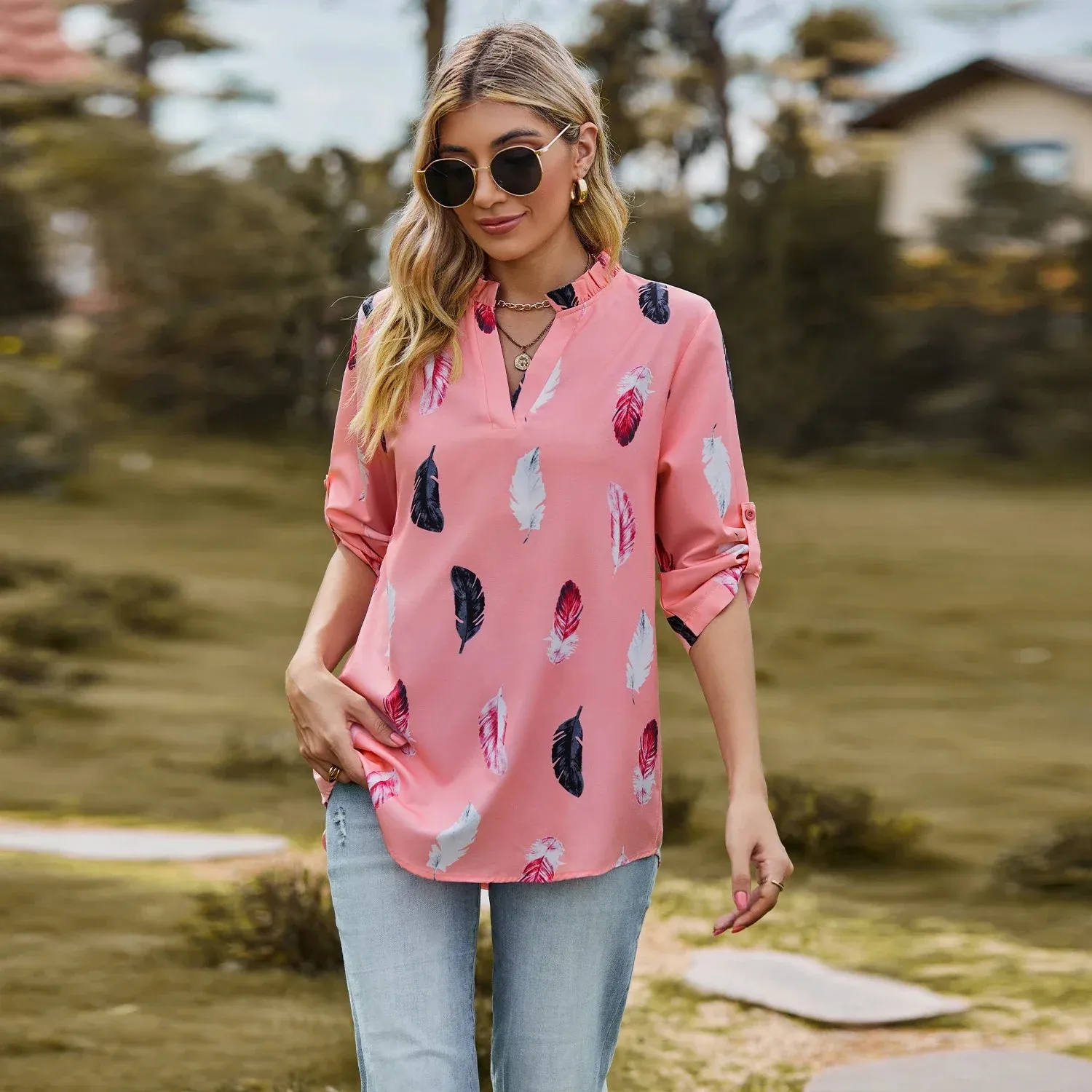 Fashion Woman Blouse Shirts For Women  Autumn Top Half Sleeve Feather Pink Red Green Navy Female Tops Women's Clothing
