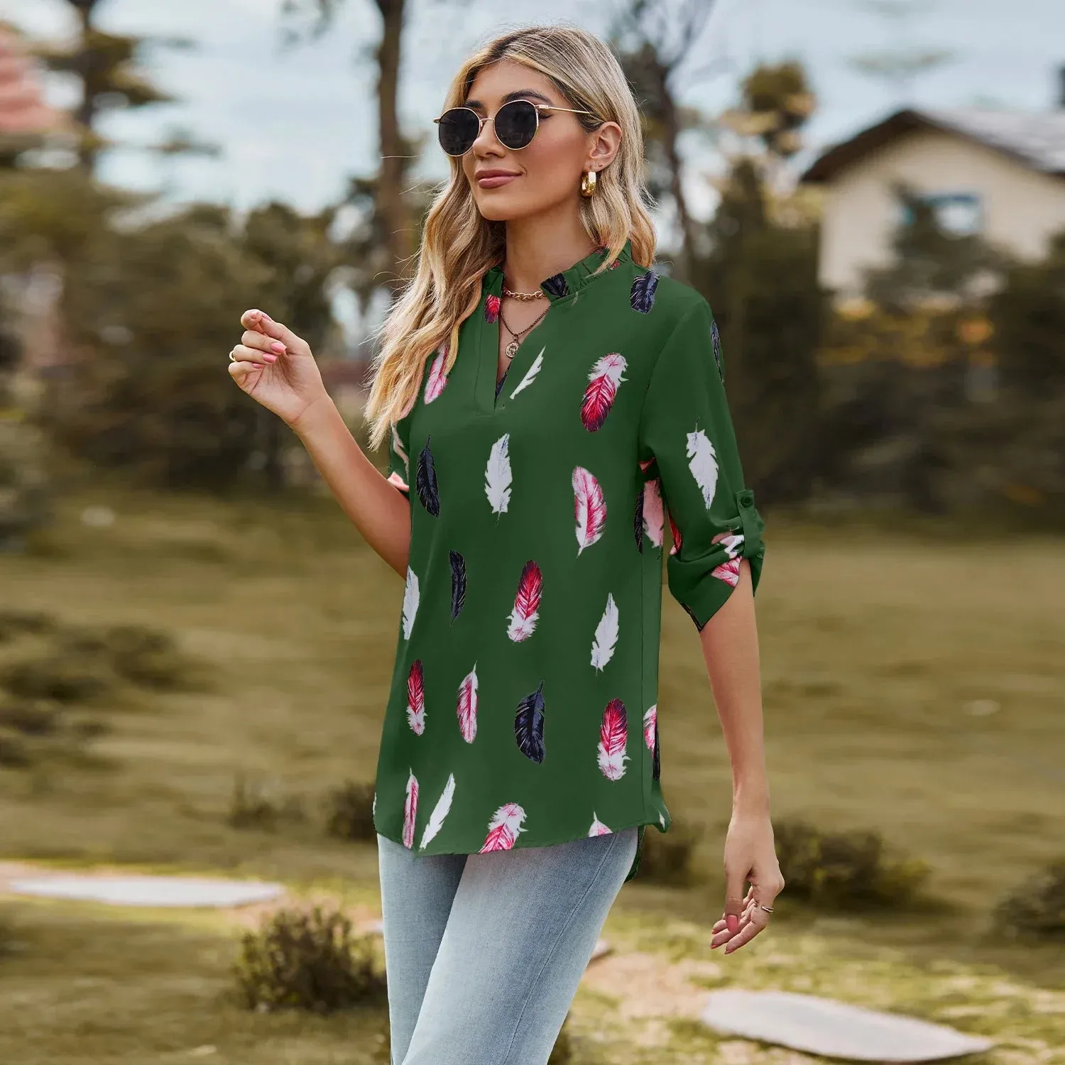 Fashion Woman Blouse Shirts For Women  Autumn Top Half Sleeve Feather Pink Red Green Navy Female Tops Women's Clothing