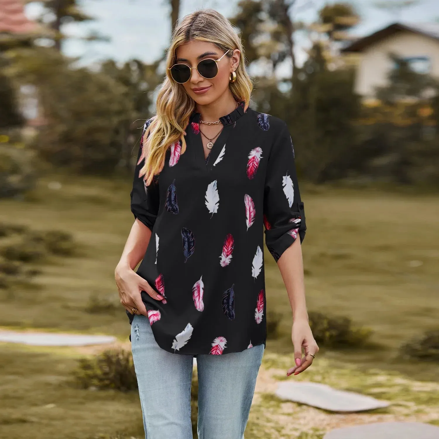 Fashion Woman Blouse Shirts For Women  Autumn Top Half Sleeve Feather Pink Red Green Navy Female Tops Women's Clothing