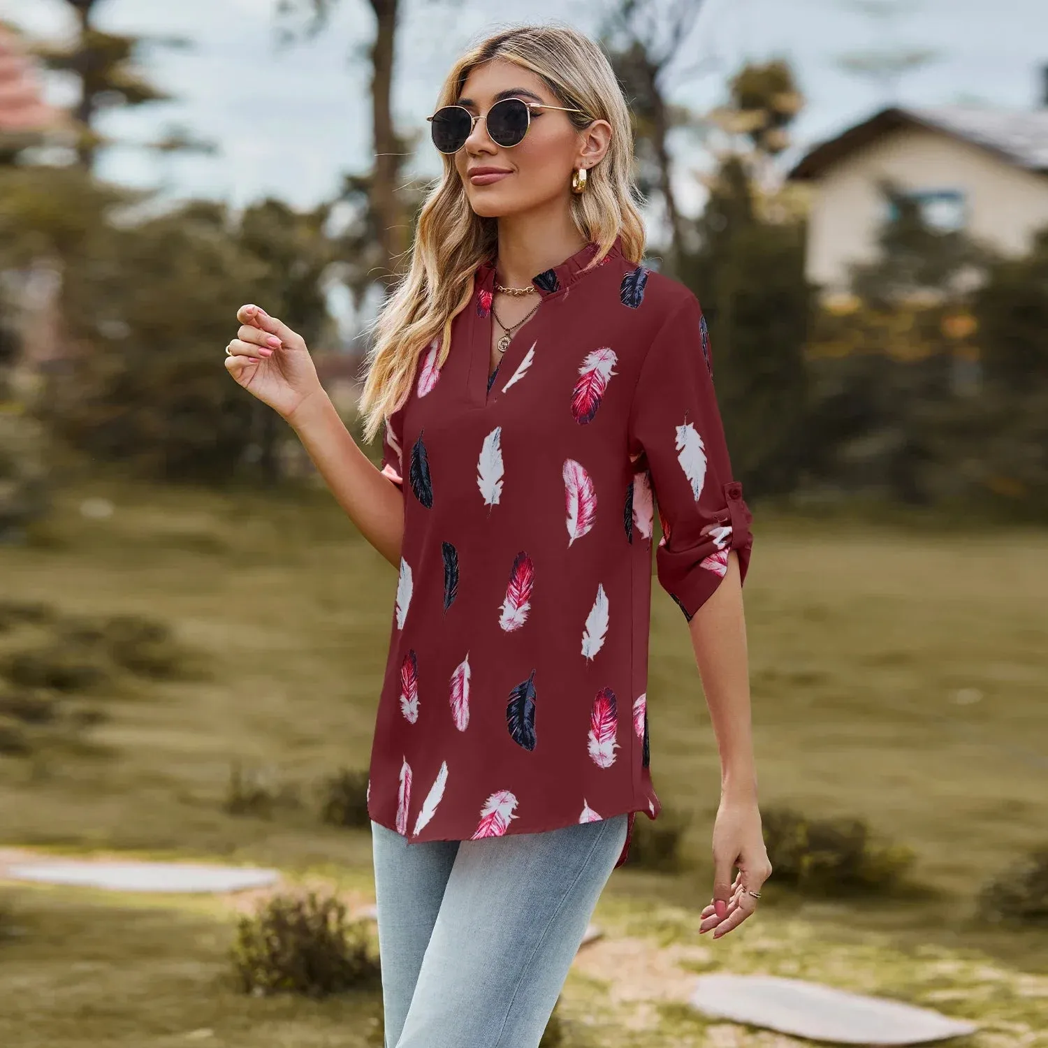 Fashion Woman Blouse Shirts For Women  Autumn Top Half Sleeve Feather Pink Red Green Navy Female Tops Women's Clothing