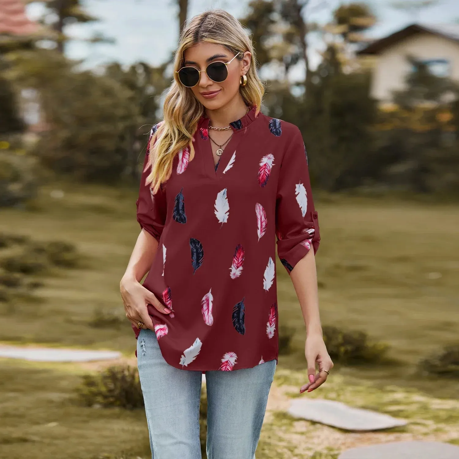 Fashion Woman Blouse Shirts For Women  Autumn Top Half Sleeve Feather Pink Red Green Navy Female Tops Women's Clothing