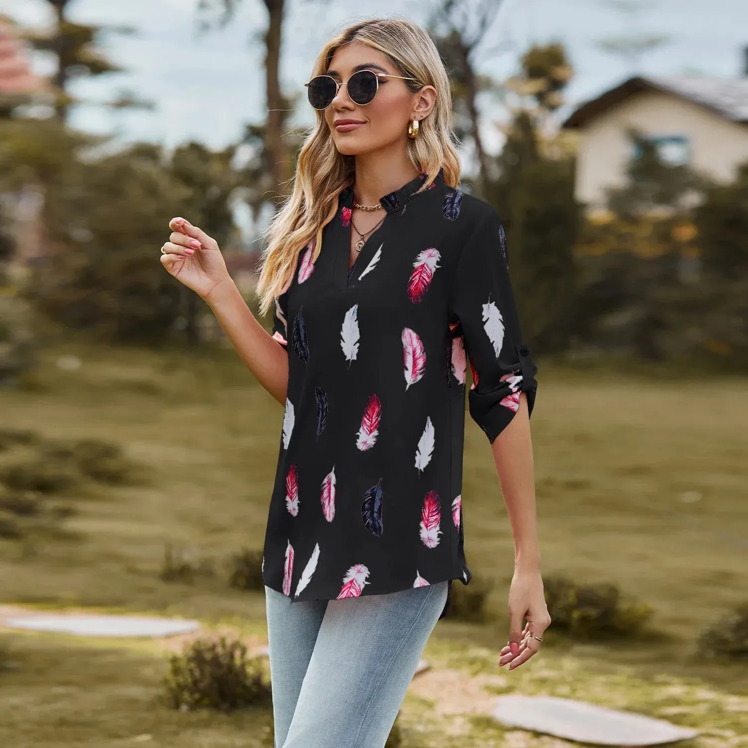 Fashion Woman Blouse Shirts For Women  Autumn Top Half Sleeve Feather Pink Red Green Navy Female Tops Women's Clothing