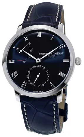 Frederique Constant Slimline Power Reserve Automatic Stainless Steel Blue Dial Blue Leather Strap Date Mens Watch FC-723NR3S6