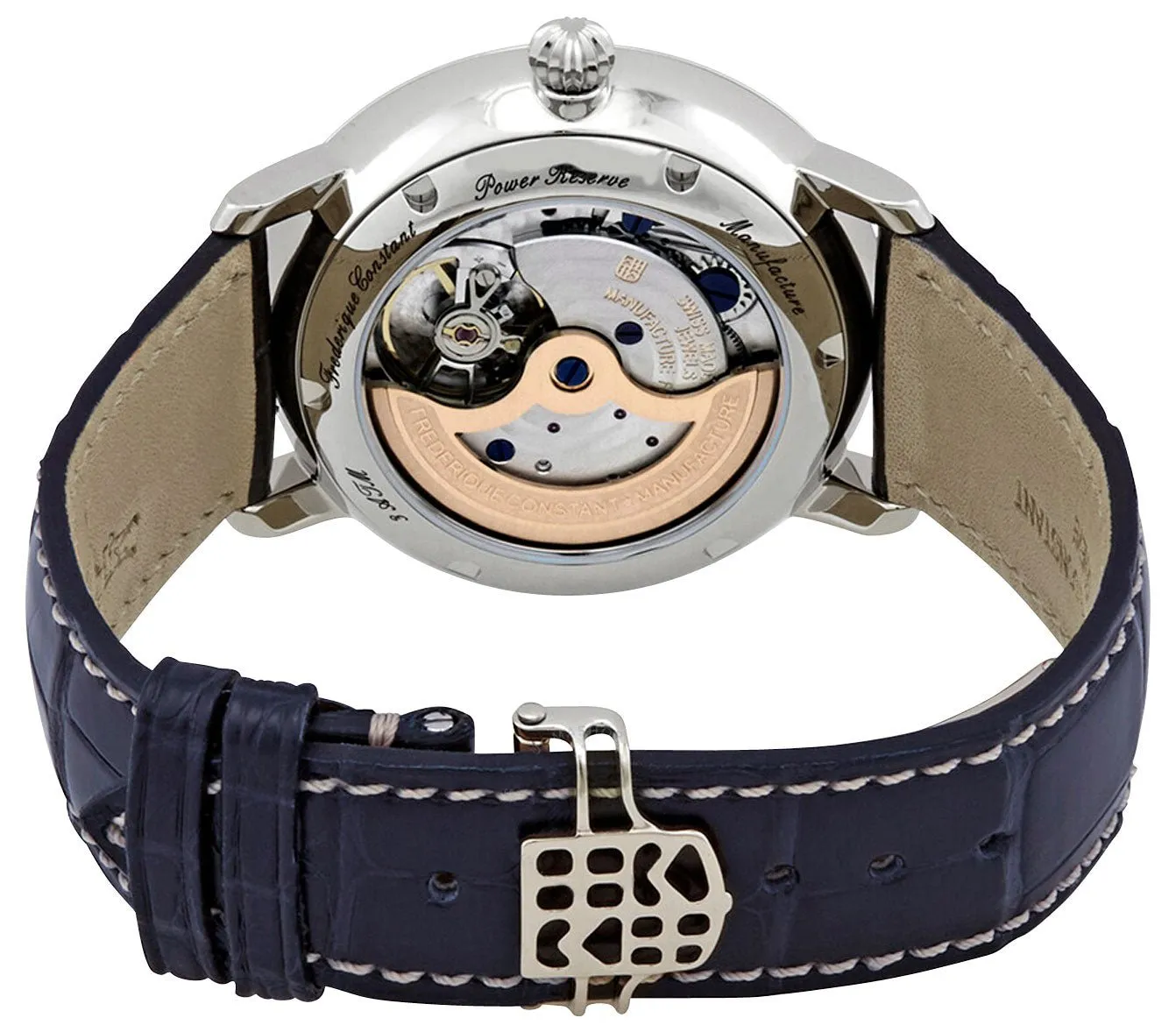 Frederique Constant Slimline Power Reserve Automatic Stainless Steel Blue Dial Blue Leather Strap Date Mens Watch FC-723NR3S6