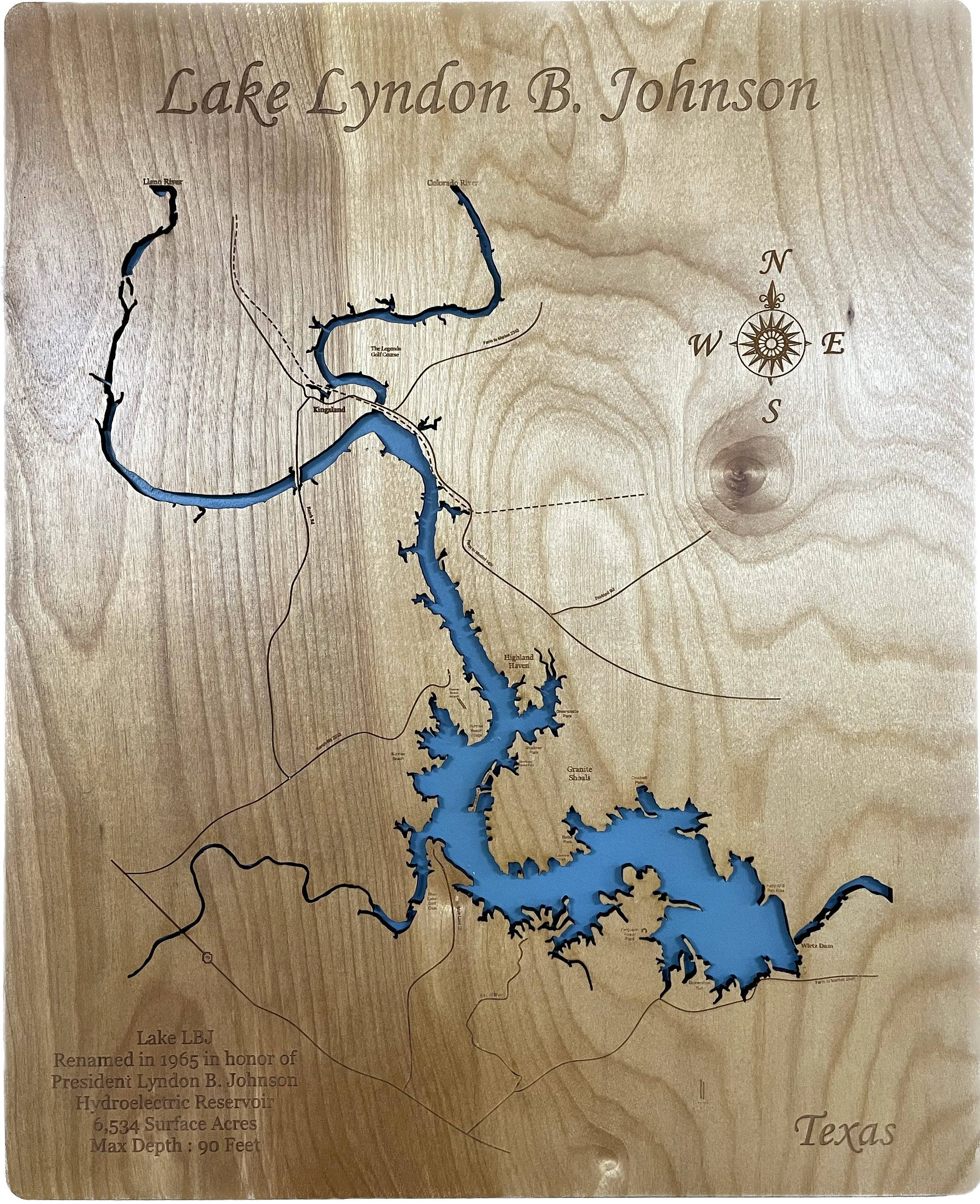 Lake Lyndon B Johnson, Texas - Laser Engraved Wood Map Overflow Sale Special