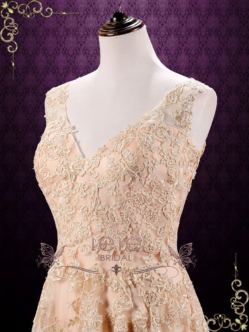 Ready to Wear Blush Boho Lace Wedding Dress with V Neckline HEATHER