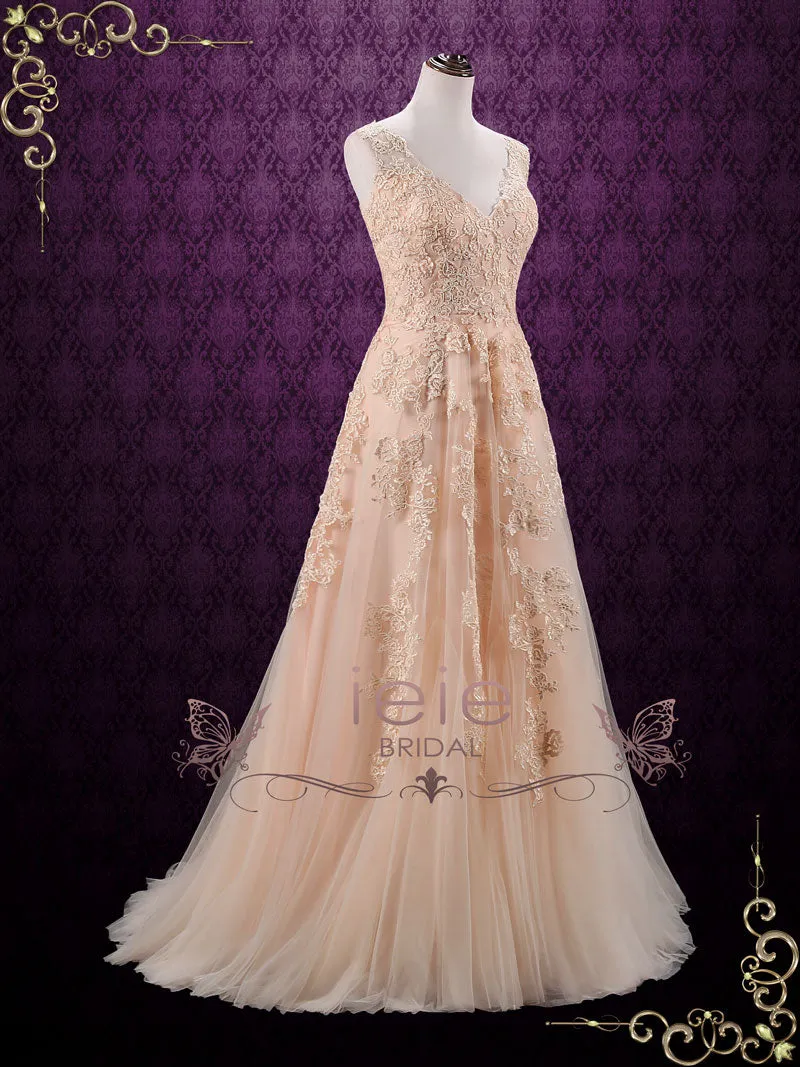 Ready to Wear Blush Boho Lace Wedding Dress with V Neckline HEATHER
