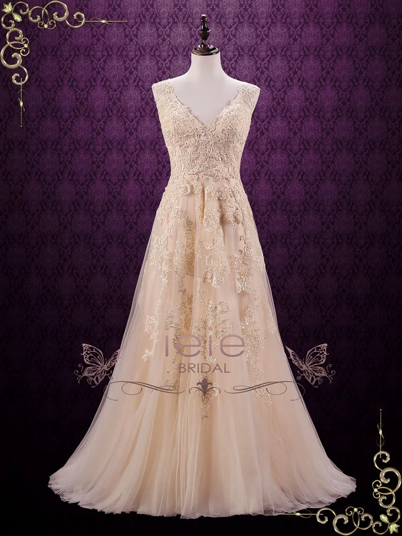 Ready to Wear Blush Boho Lace Wedding Dress with V Neckline HEATHER