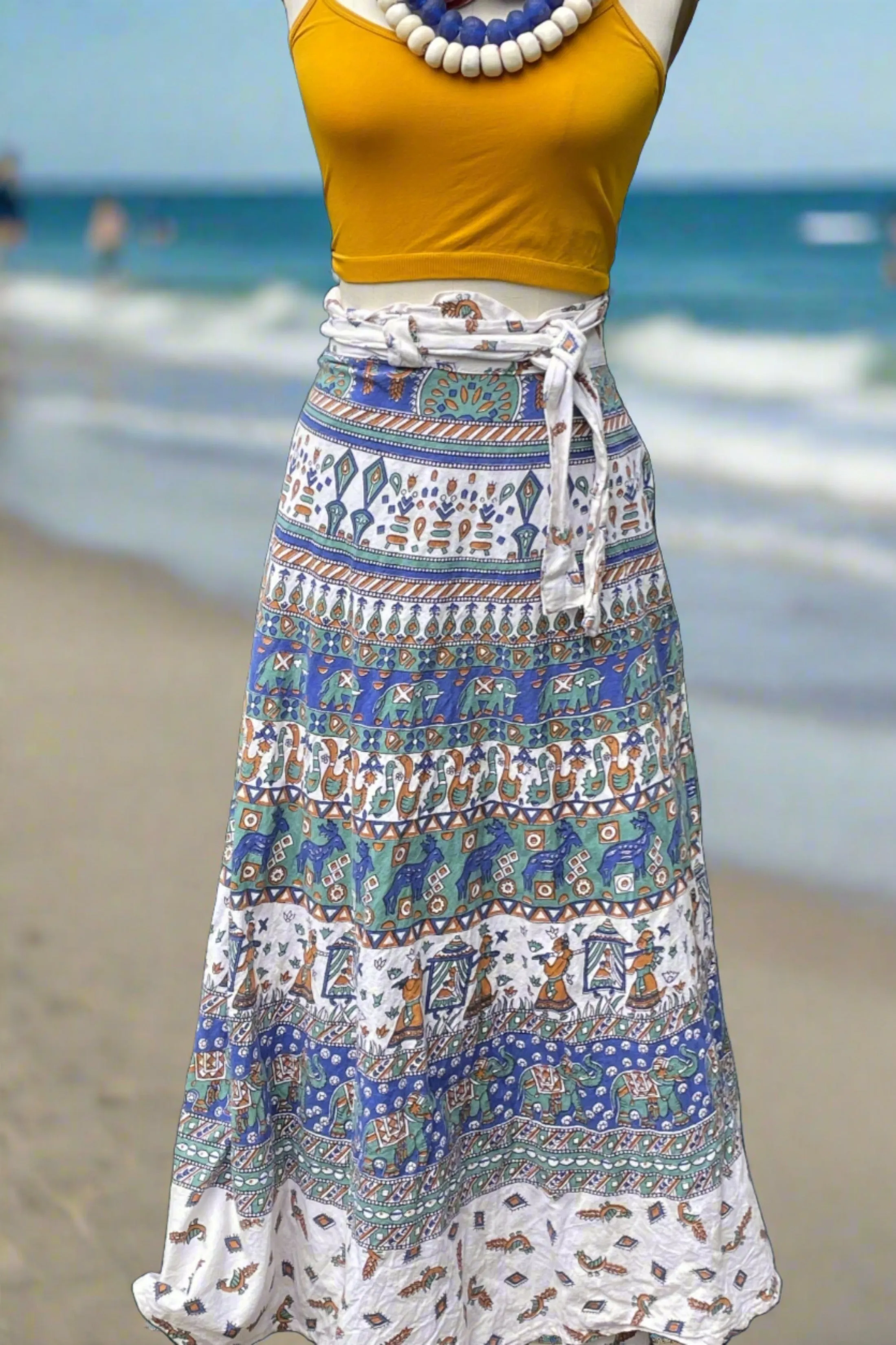 SOLD Vintage Indian Block Print Wrap Skirt, Hippie/Bohemian Festival Long Skirt M/L