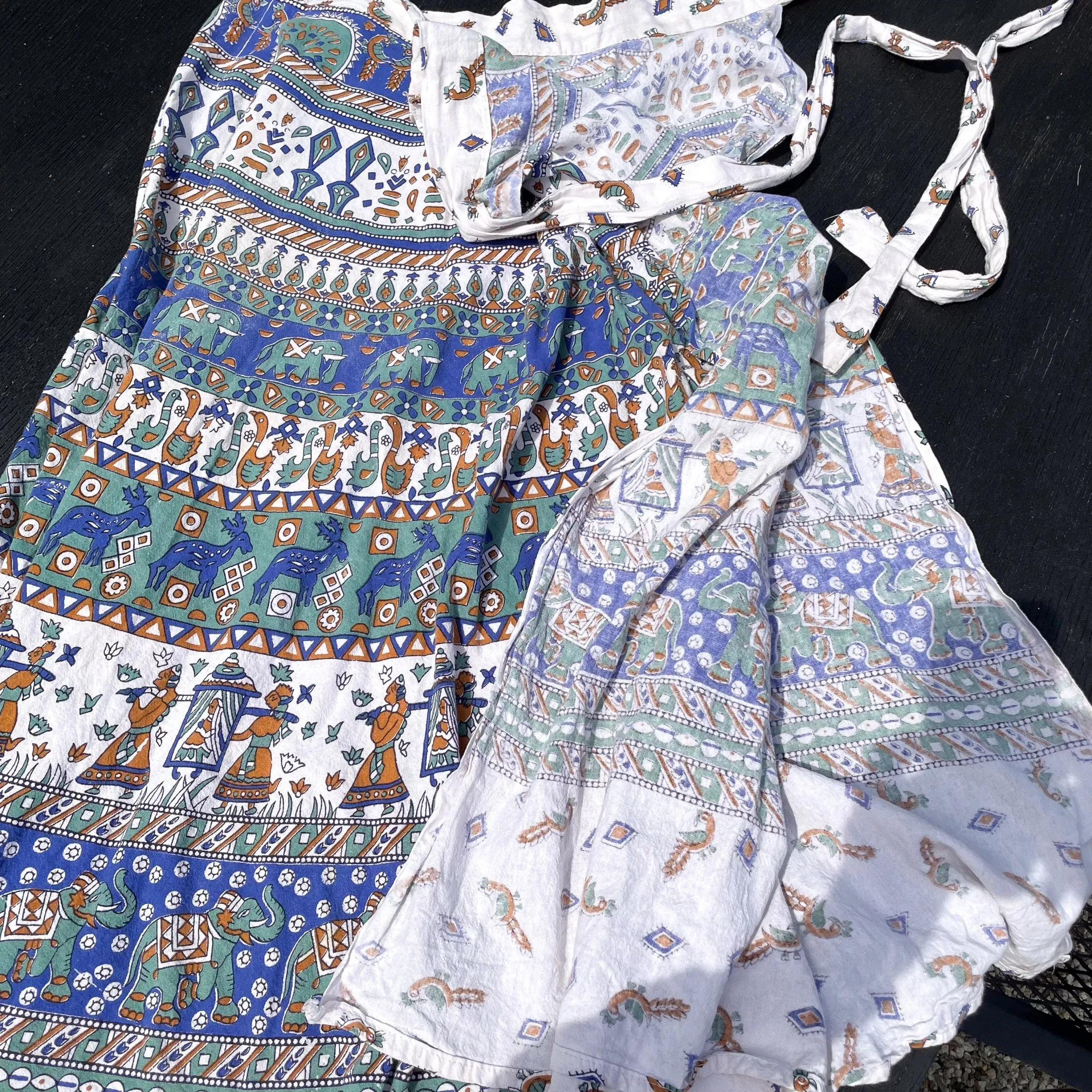 SOLD Vintage Indian Block Print Wrap Skirt, Hippie/Bohemian Festival Long Skirt M/L