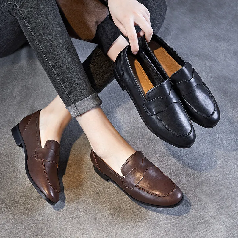 Women Retro Solid Leather Flat Casual Work Loafers